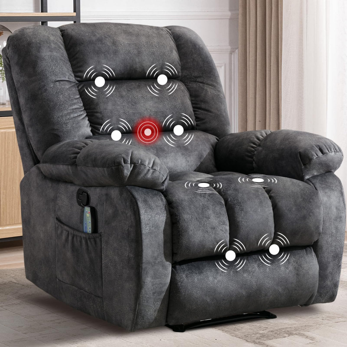 CANMOV Massage Recliner Chair with Timer Heating and Massage, Ergonomic Overstuffed Breathable Fabric Reclining Chair, Single Sofa with Side Pockets for Living Room Home Theater (D-Gray)