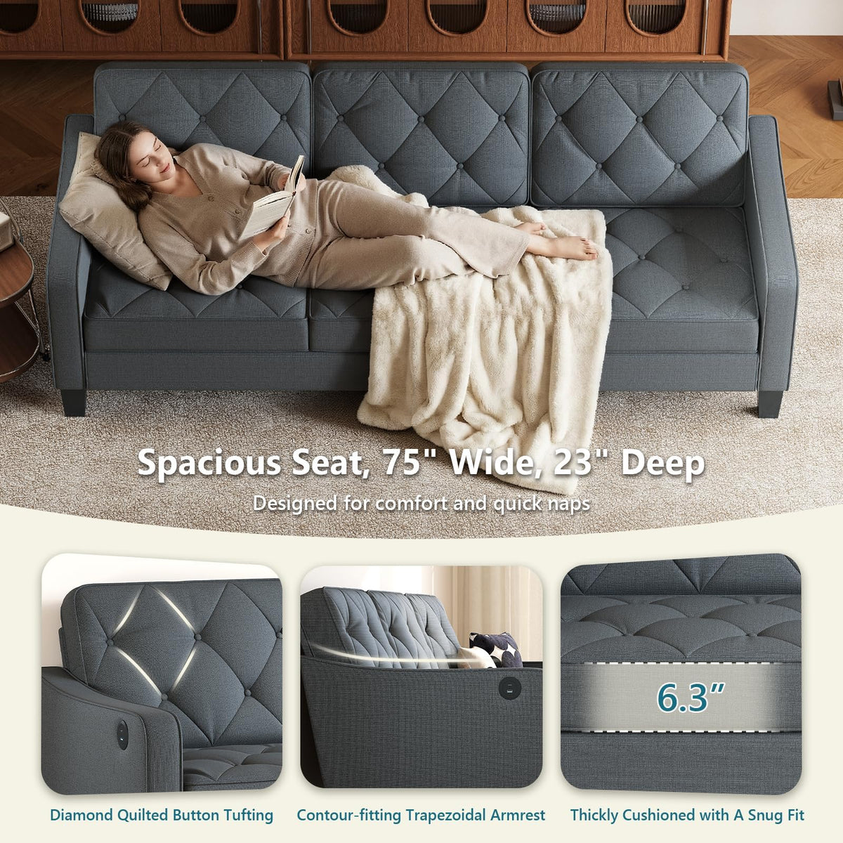 3-Piece Dark Grey Tufted Sofa Set