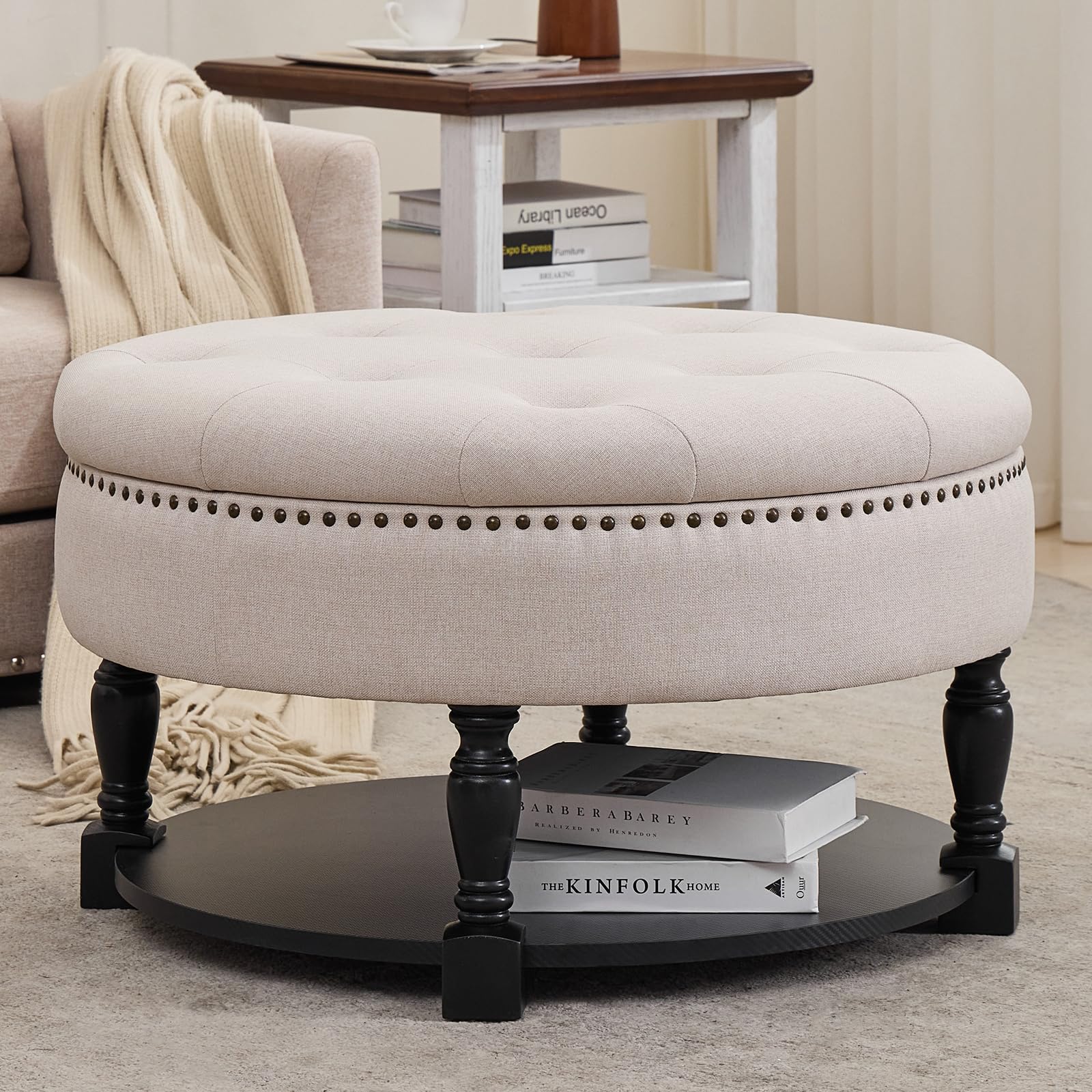 Round Storage Ottoman with Wood Shelf