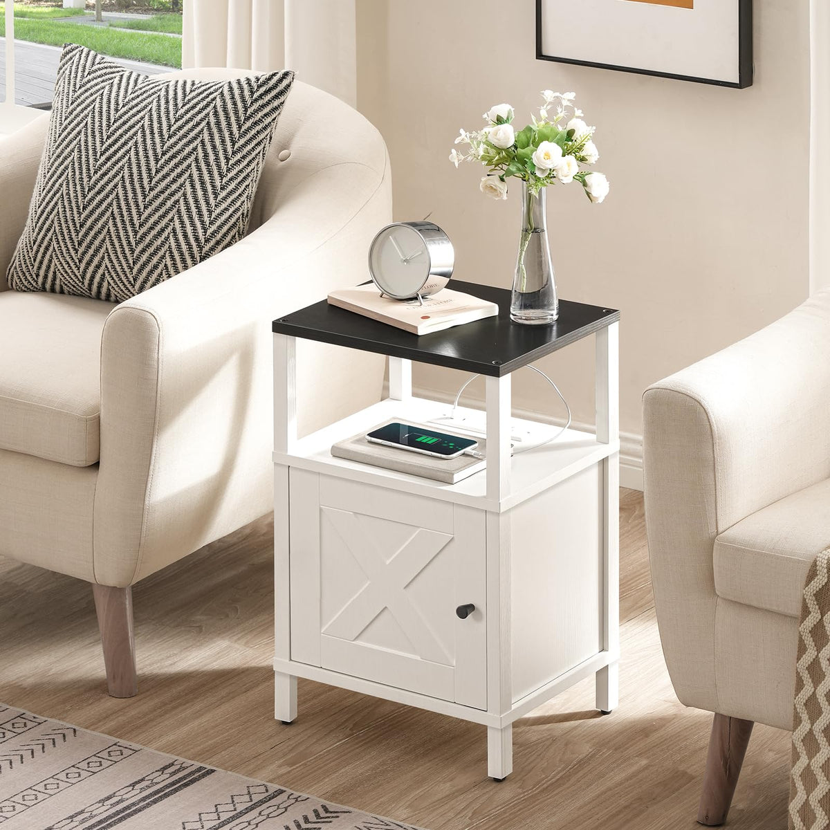 MAHANCRIS Set of 2 Farmhouse Nightstand with Charging Station, Night Stand End Table with USB Ports, Barn Door Bedside Table with Storage Cabinet, Modern Side Table for Bedroom, Small Space, Black