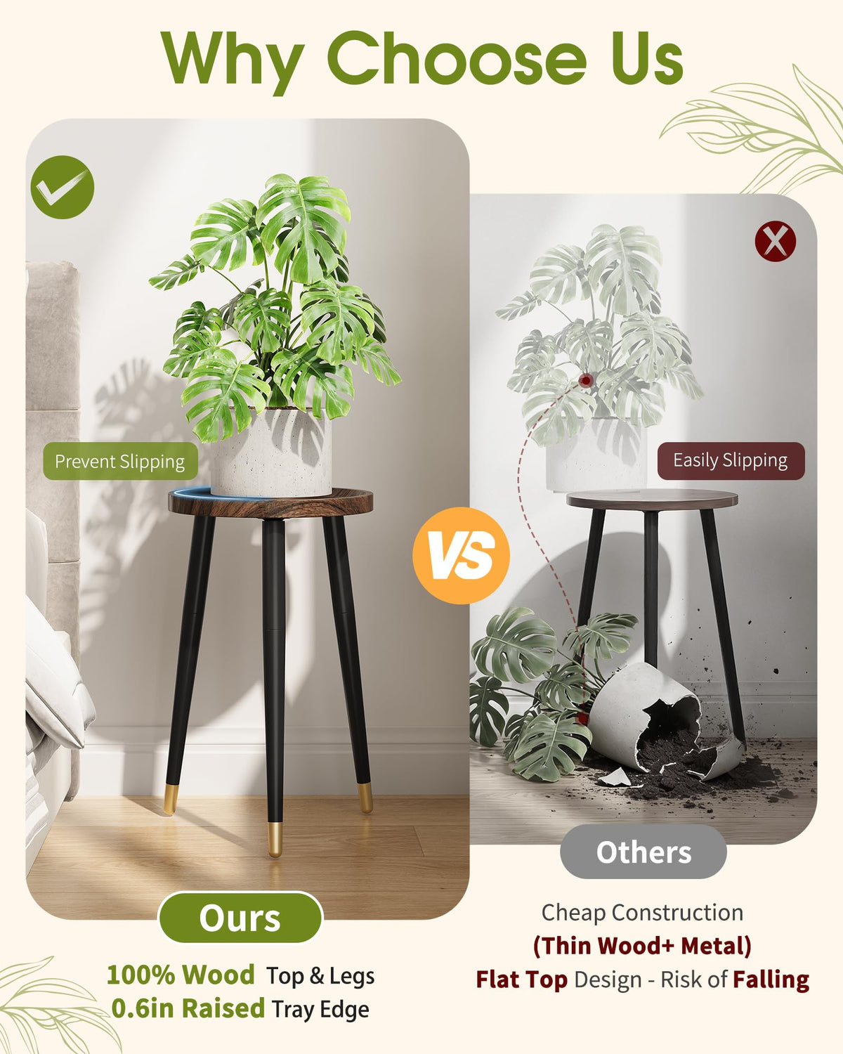 AZADESJET Plant Stand Indoor 2 Pack, Mid Century Wood Indoor Plant Stands, Tall Plant Holder for Flower Pot, Modern Plant Table Round Side End Table With Raised Design, Walnut, 11.7"x18.8" & 11.7"x13"