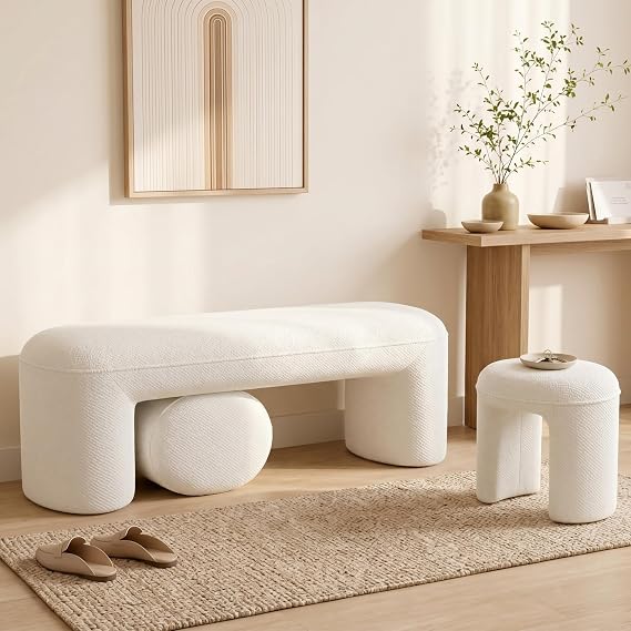 Chenille Bench with Nesting Ottomans