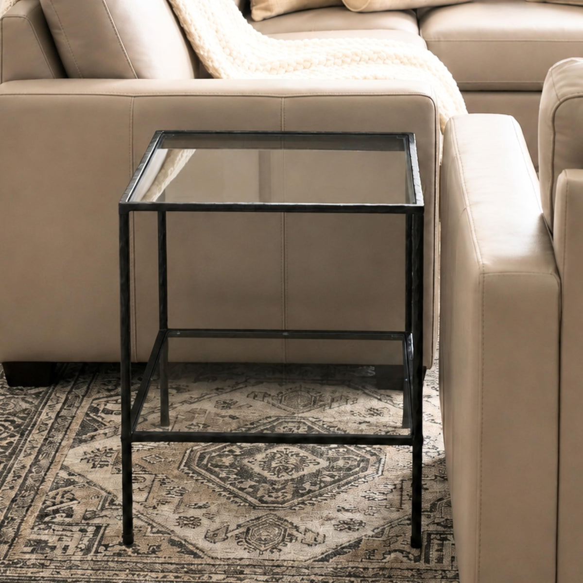 Lynder & Co. Black Glass Side Table, Square End Table for Living Room