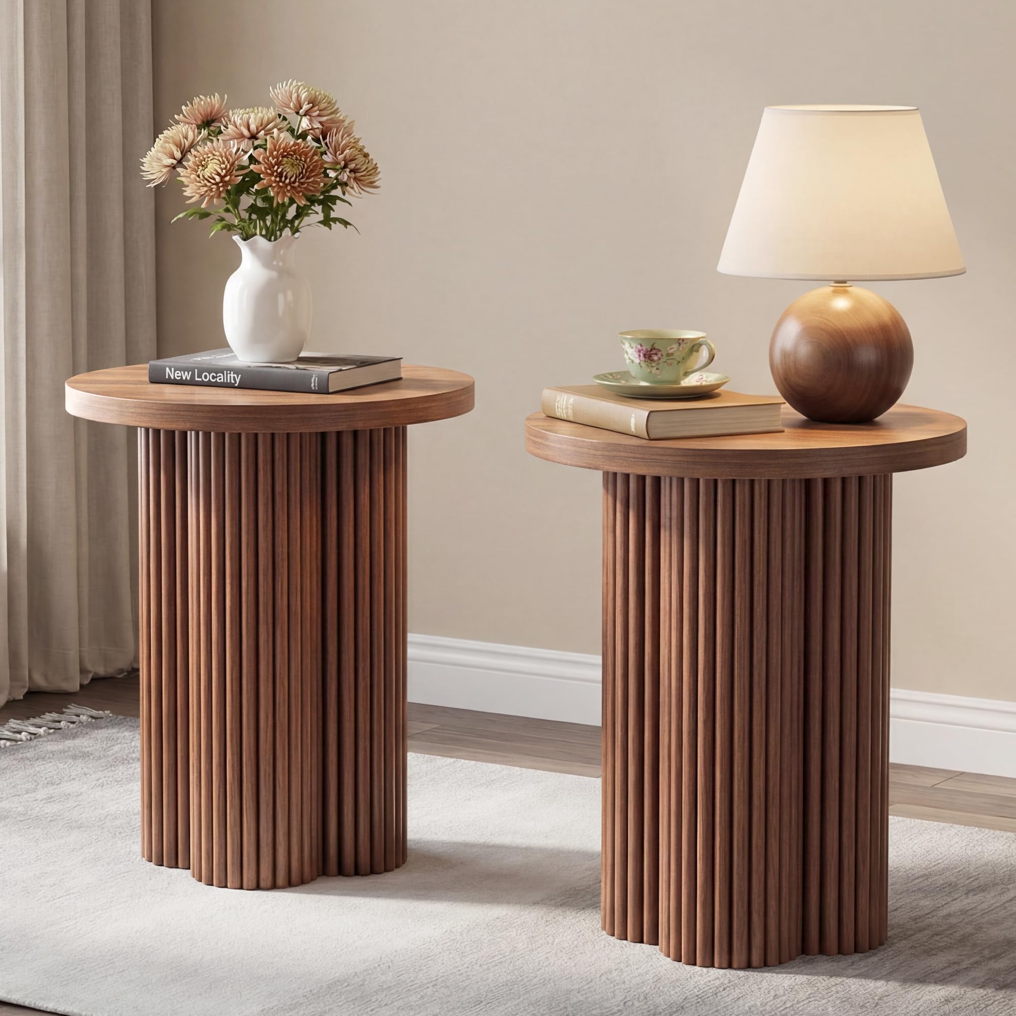 MAHYIZYI Small Sofa Side Table Set of 2, Fluted Accent Pedestal End Table, Wood Round Night Stand, Farmhouse Bed Side Table Drink Tables for Living Room, Small Spaces (Walnut-2PCS)
