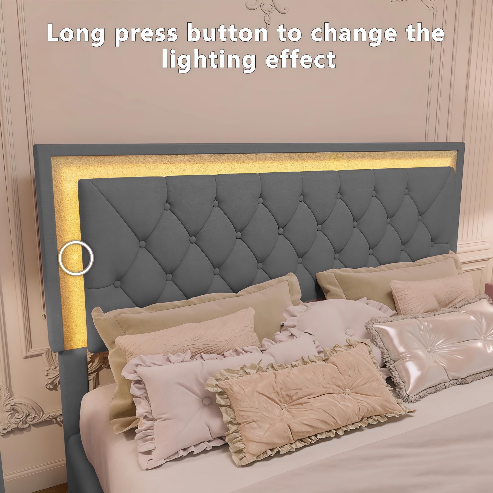 Queen Upholstered Platform Bed with LED & 2 Nightstands