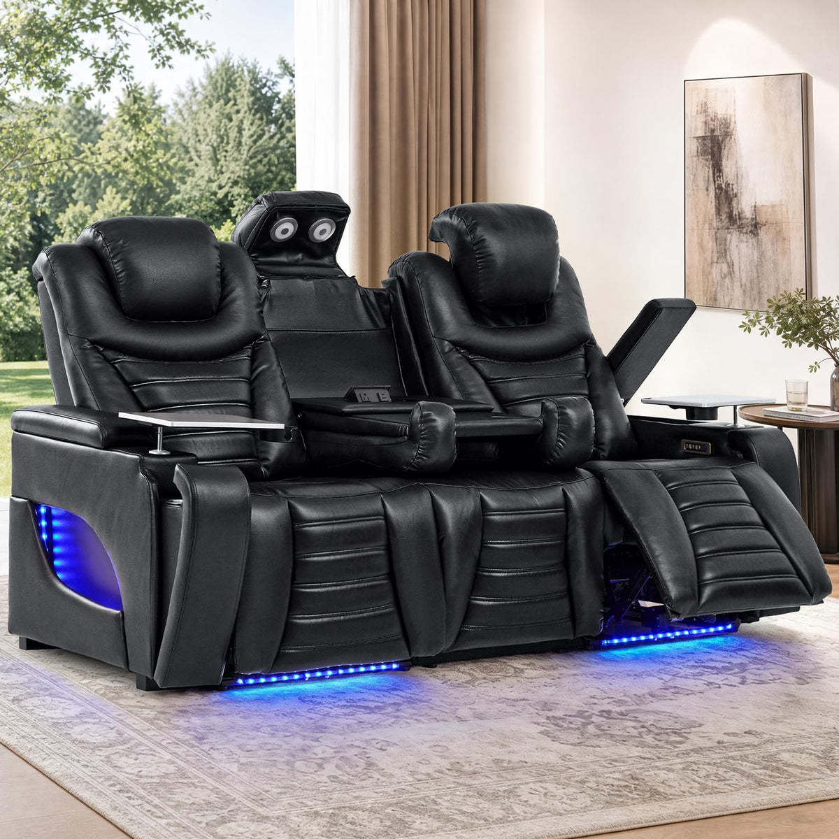 URRED Home Theater Seating Breathable Leather Power Recliner Sofa，Black