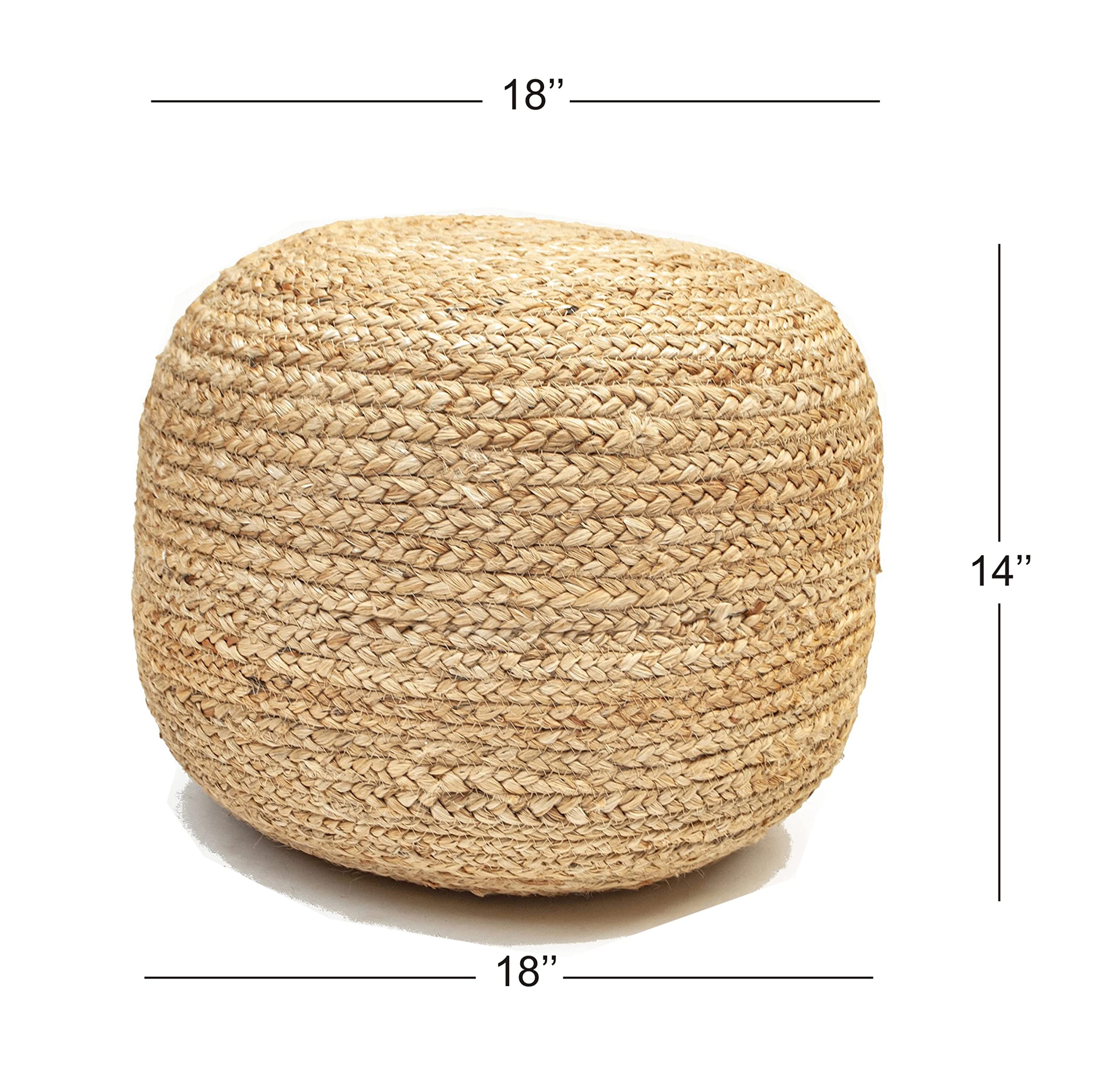 Chardin home- Natural Braided Ottoman Pouf - Cozy & Bohemian Jute/Hemp Hand Crafted Casual Seating for Home, Office, Bedroom, 18"x18"x14". (Golden Brown)