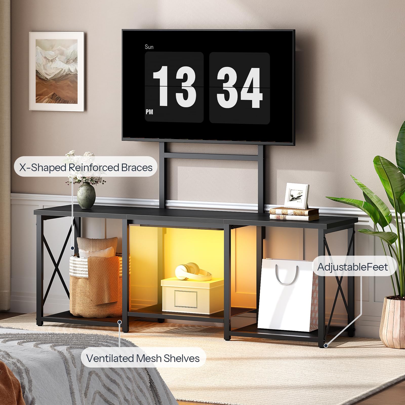 HOOBRO LED TV Stand with Mount, Entertainment Center with Open Shelves for 50 Inch TV, TV Console Table for Living Room, Bedroom, Black BB126DDS01