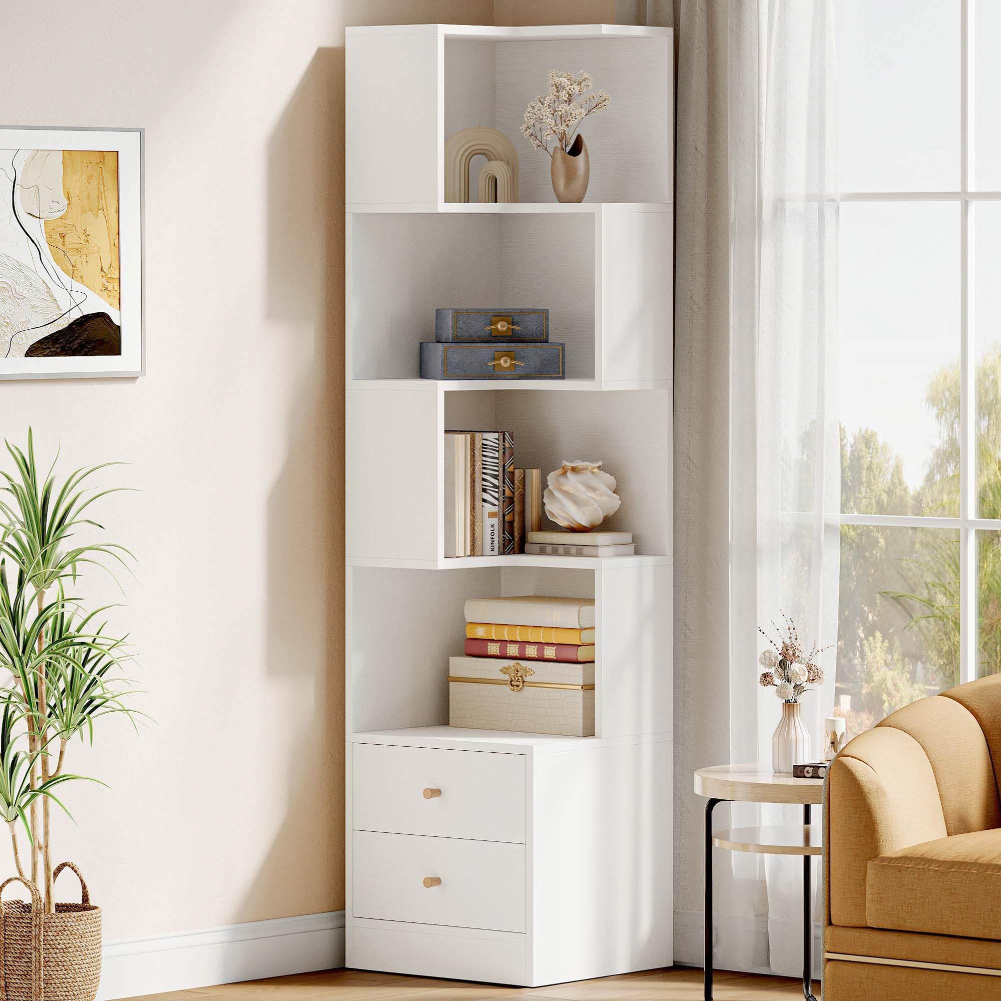 IRONCK Corner Bookshelf, 70.87" Tall Corner Bookcase with Drawers, Corner Shelf Storage Display Rack for Living Room Home Office, White