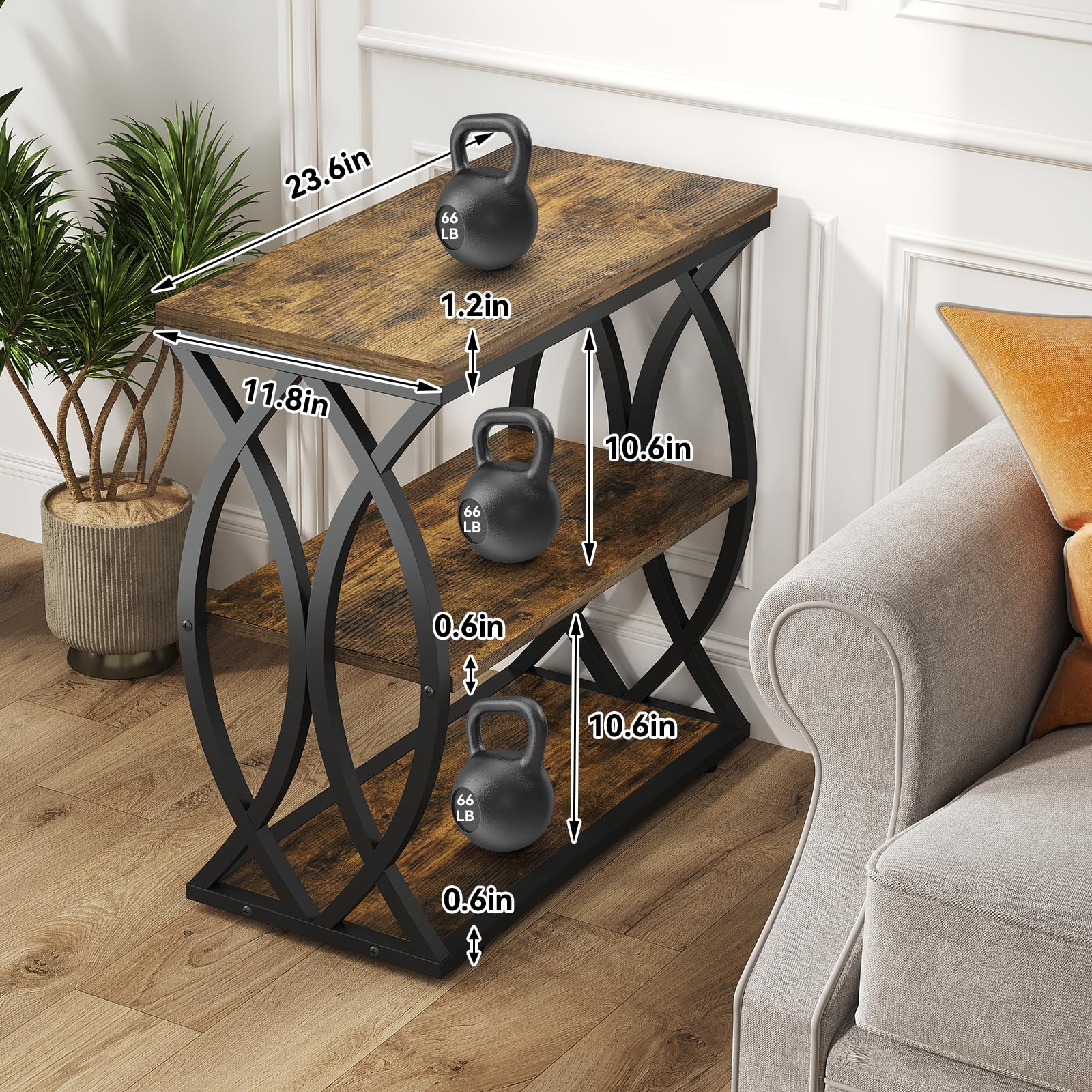 3-Tier Rustic Side Table with Metal Frame