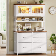 SEDETA 5 Fabric Drawer File Cabinet with Power Strip, 31.5" Filing Cabinet fits Legal, Letter, A4 Size File for Home Office with Printer Stand, LED Lights and Storage Shelf, White + Brown