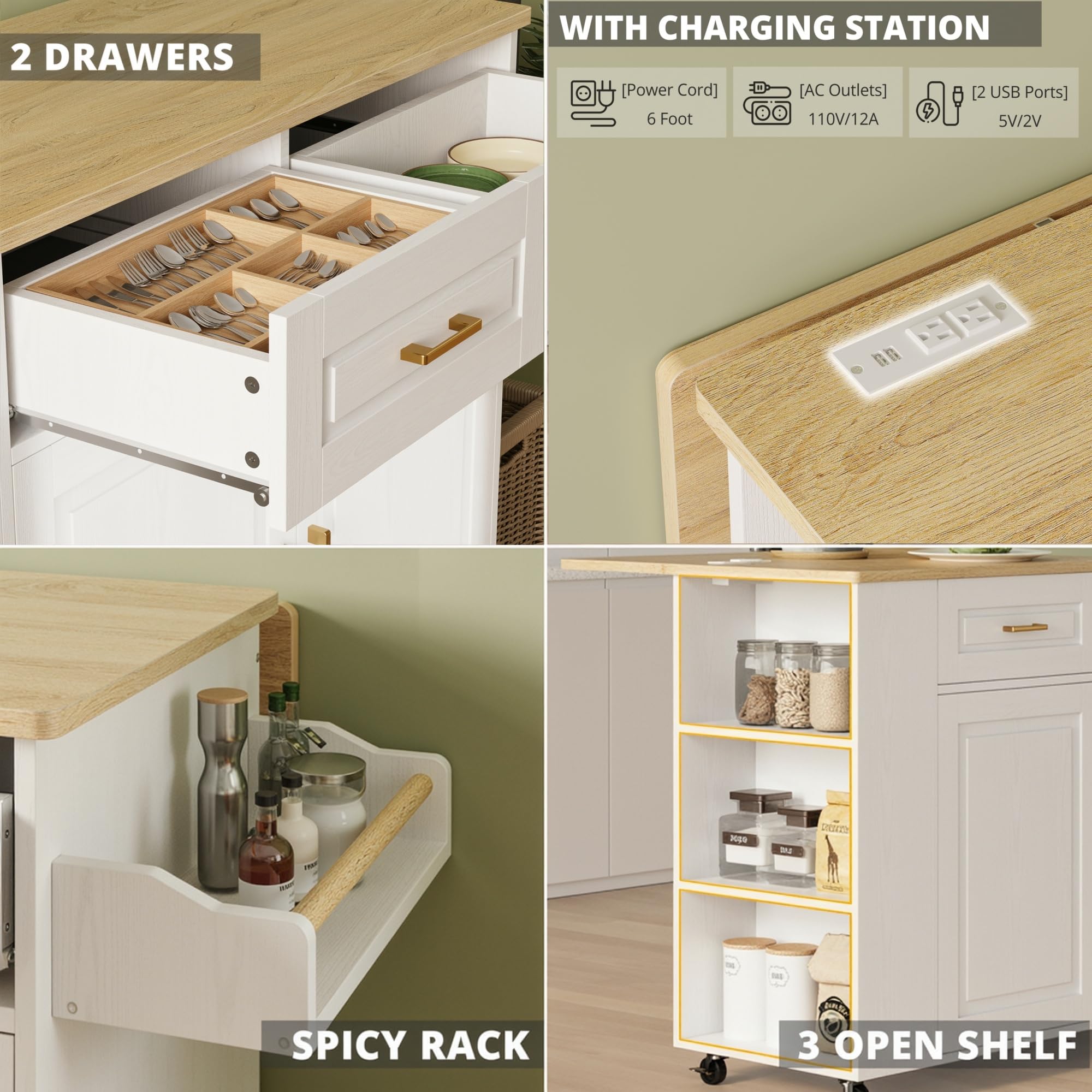 Kitchen Island with Power Outlet & Drop Leaf