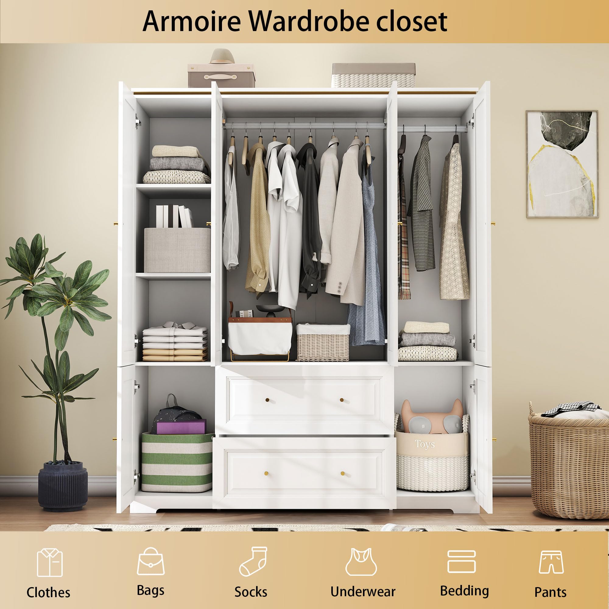 LABROSKIA White Wardrobe with 2 Drawers: 74" Large Wardrobe Closet for Hanging Clothes, Tall Armoire Closet with 4 Doors, Bedroom Armoires with Hanging Rod (59")