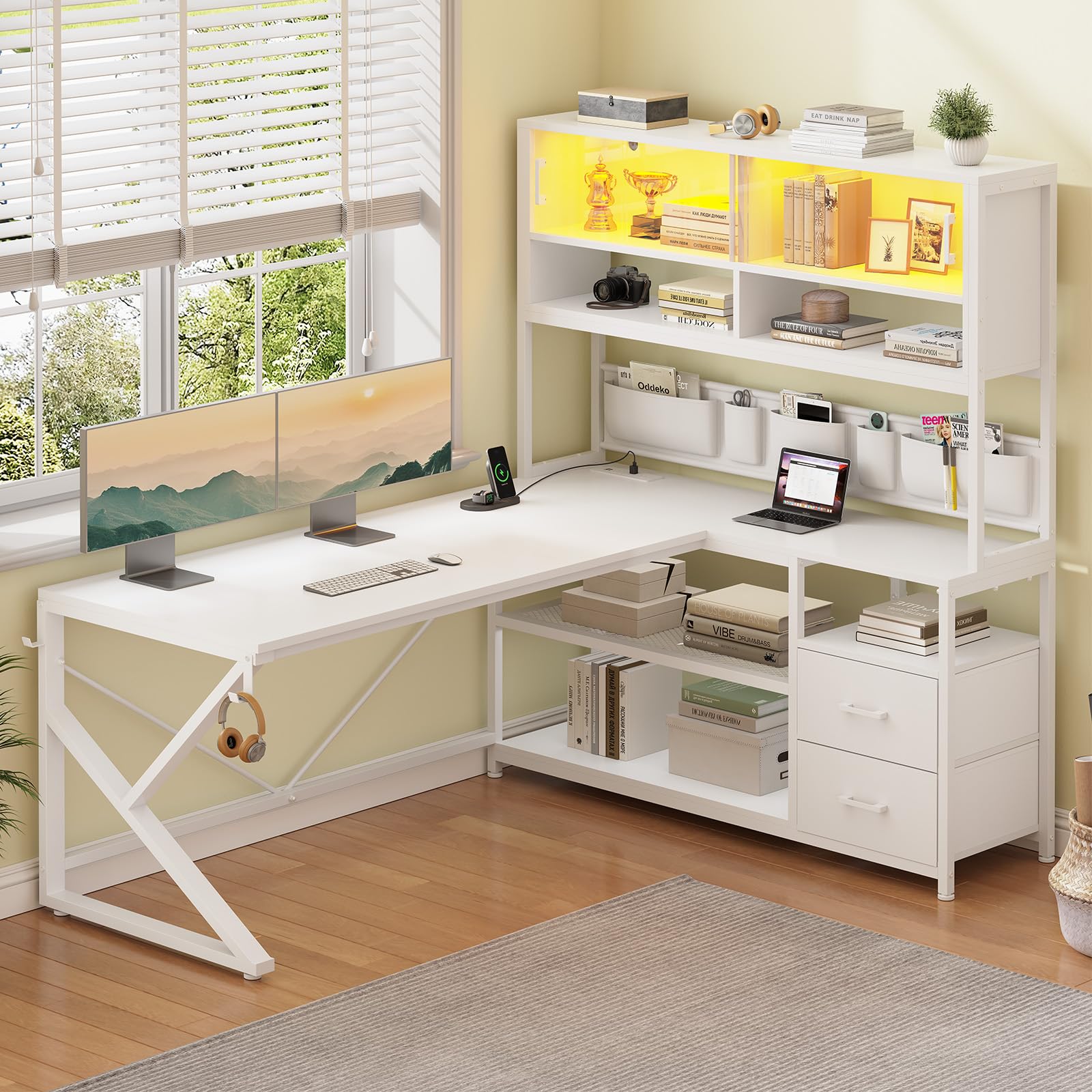 SEDETA L Shaped Gaming Desk, Home Office Computer Desk with 2 Drawer and Bookshelf, L Shaped Gaming Corner Desk with LED Light, Glass Cabinet,Storage Bag and Storage Shelves, White