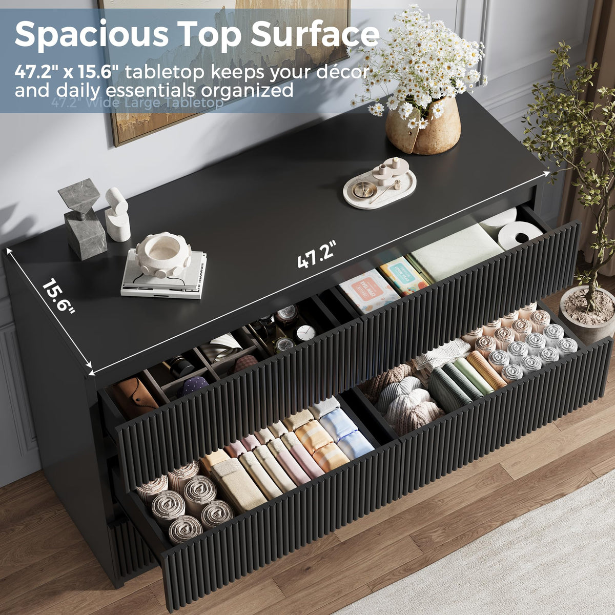 Black Fluted 6-Drawer Dresser