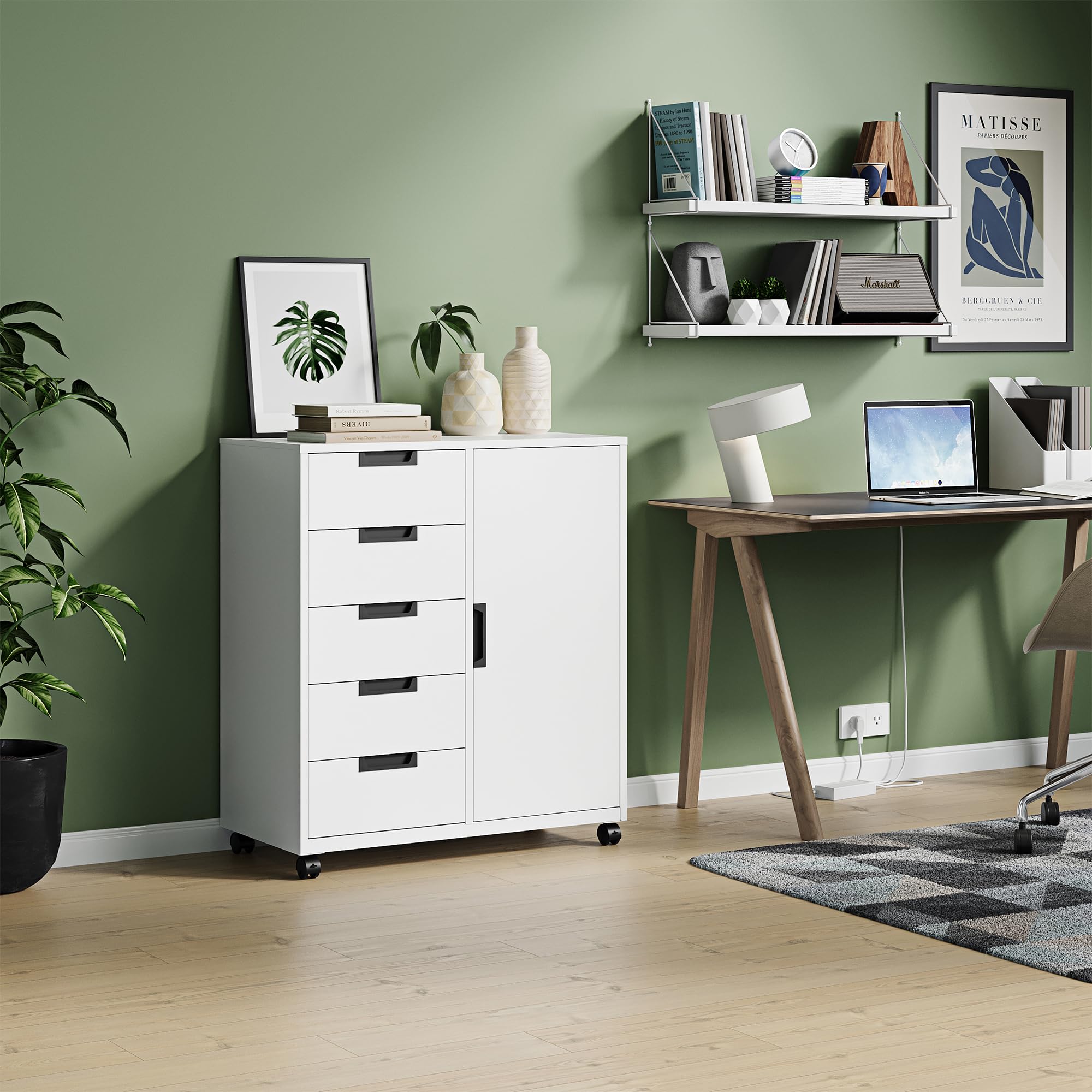 5-Drawer Metal Storage Cabinet with Printer Stand & Shelved Door