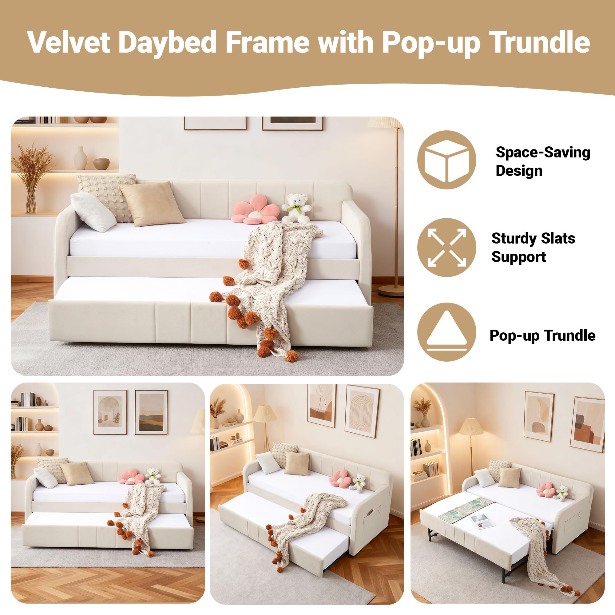 Twin Velvet Daybed with Pop-Up Trundle