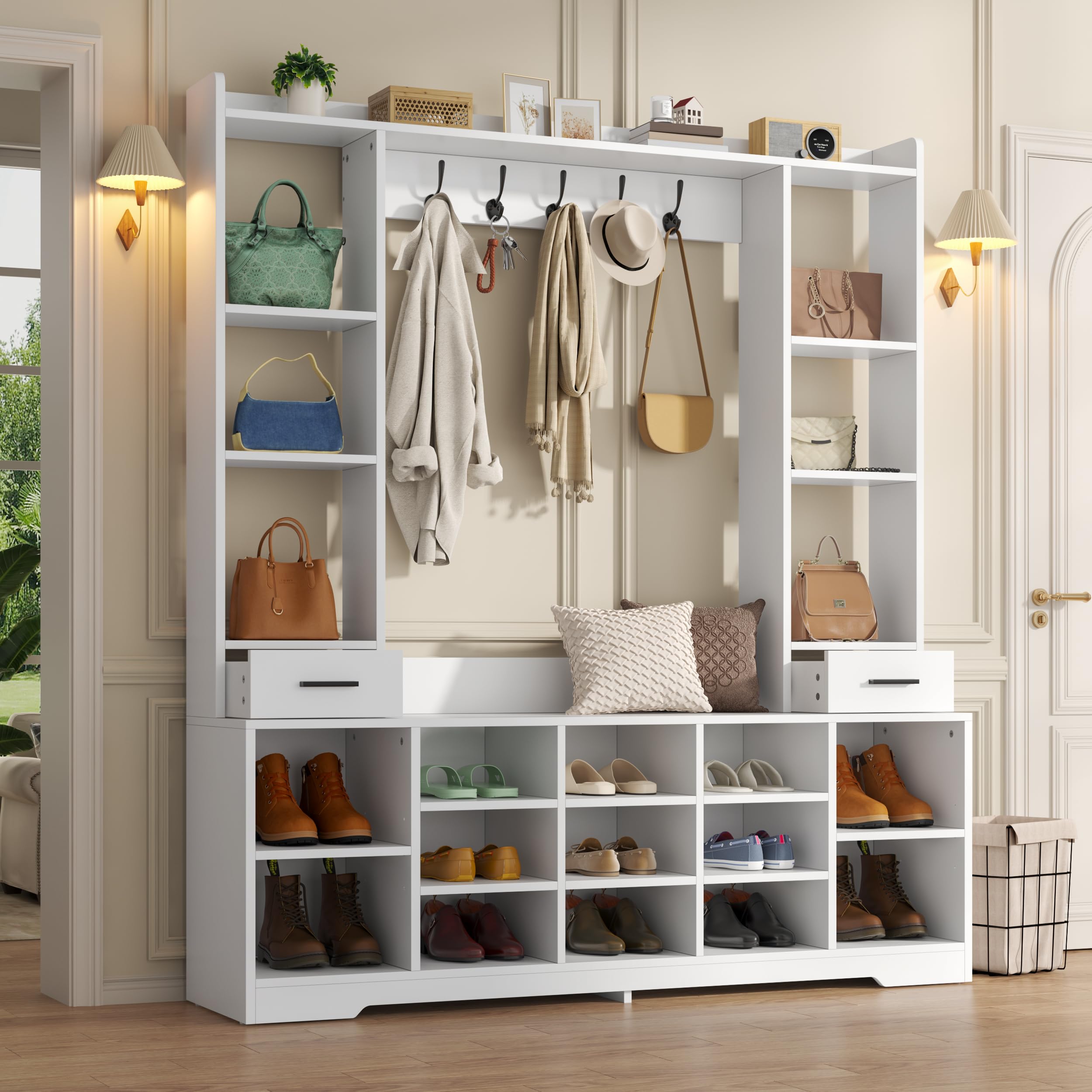 Farmhouse Hall Tree with Shoe Storage & Coat Rack