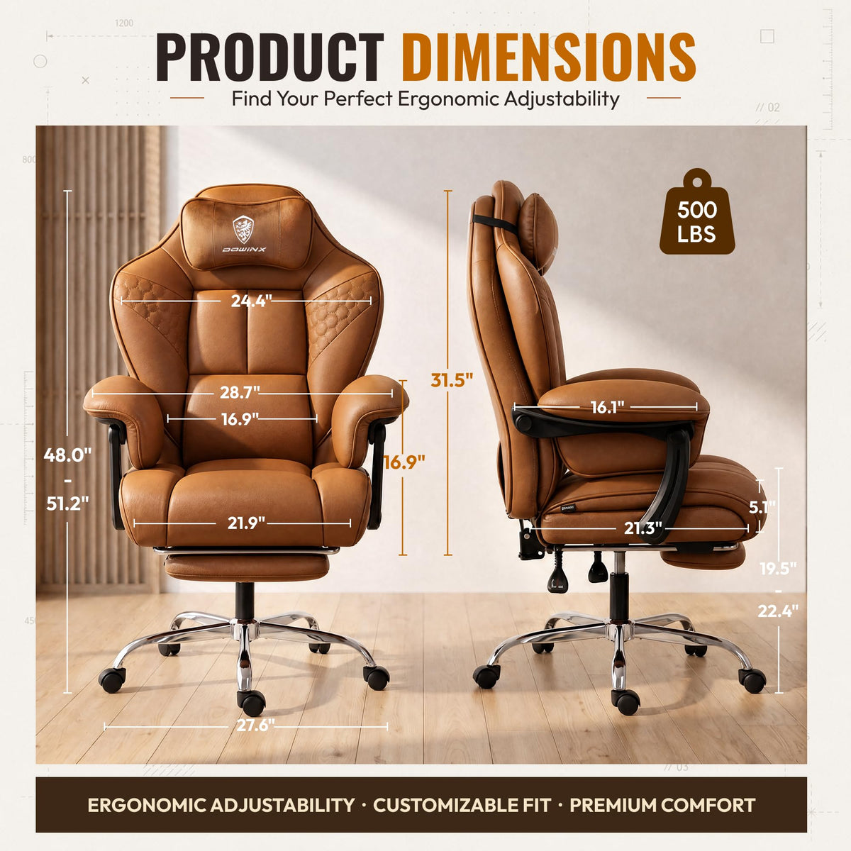 Dowinx Big and Tall Gaming Chair with Footrest for Home Office 500LBS Brown