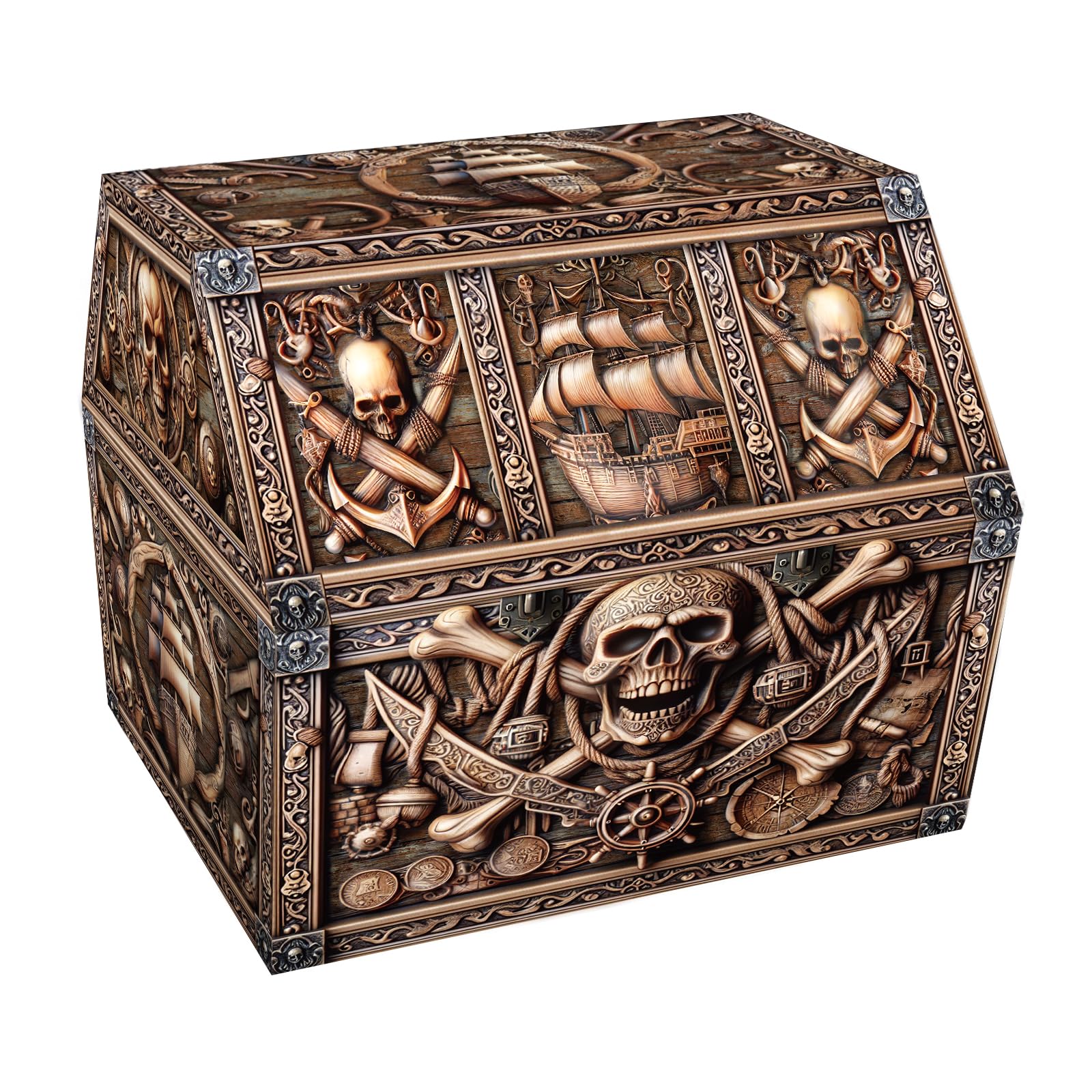 PETCEE Pirate Treasure Chest & Skull Box - Large 9"x 9.3"x 8" Cardboard Classroom Storage for Kids Prizes Reusable Treasure Chest for Classroom Rewards Pirate Party Decor Toys Keepsake Organizer