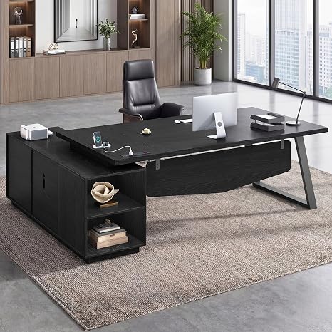 78" L-Shaped Executive Desk with Power Outlets & File Cabinet
