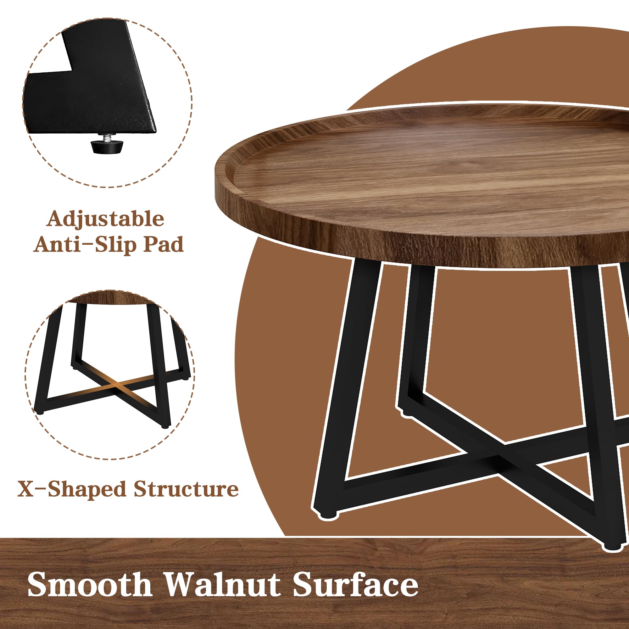 3-Piece Round Coffee Table & End Table Set – Vintage Industrial, Brown