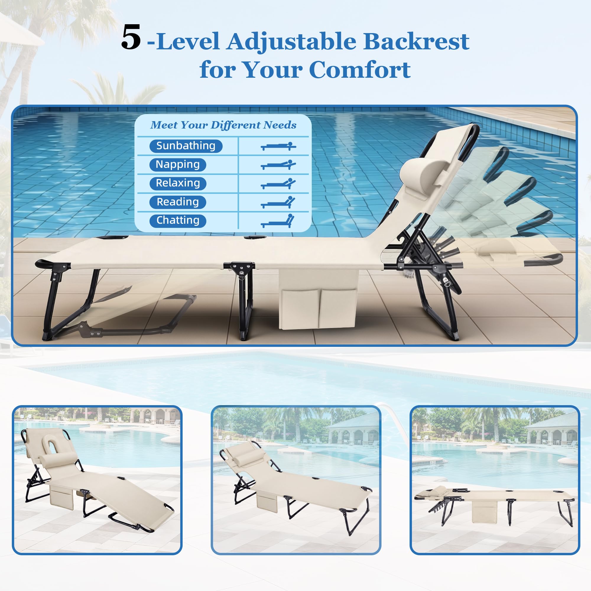 Folding Sun Tanning Lounge Chair with Face Hole, 5-Position Adjustable, 2 Side Pockets & Pillow