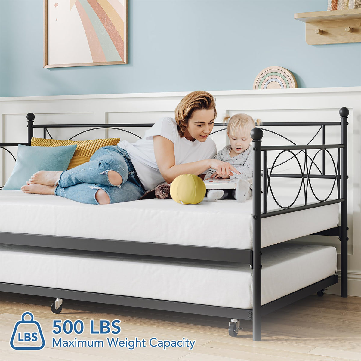 IDEALHOUSE Metal Twin daybed with Trundle with Steel Slat Support