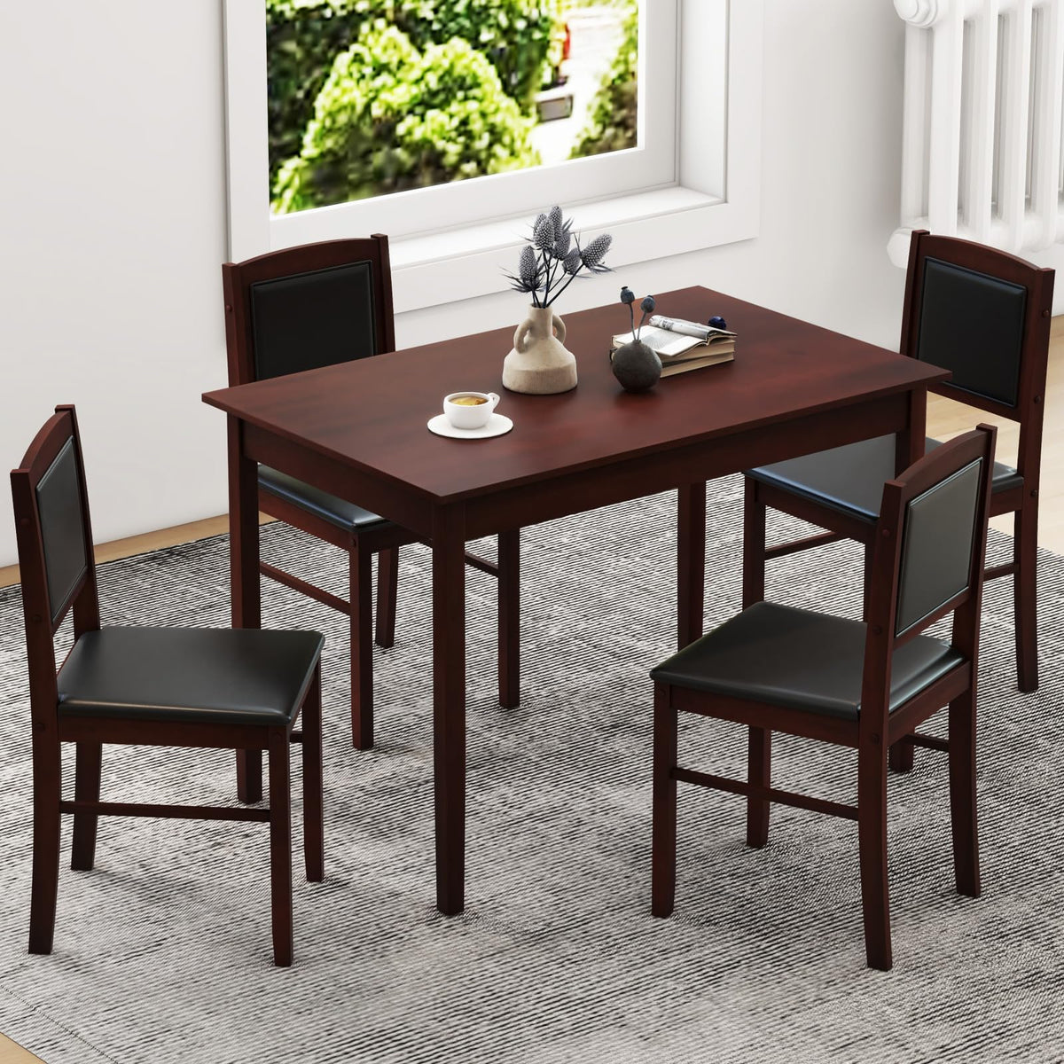 GIANTEX 5-Piece Dining Table Set for 4, Wooden Kitchen Table and Chairs with Solid Rubber Wood Legs, Padded Seat & Backrest, Space Saving Dinette Set for Home Dining Living Room, Breakfast Nook