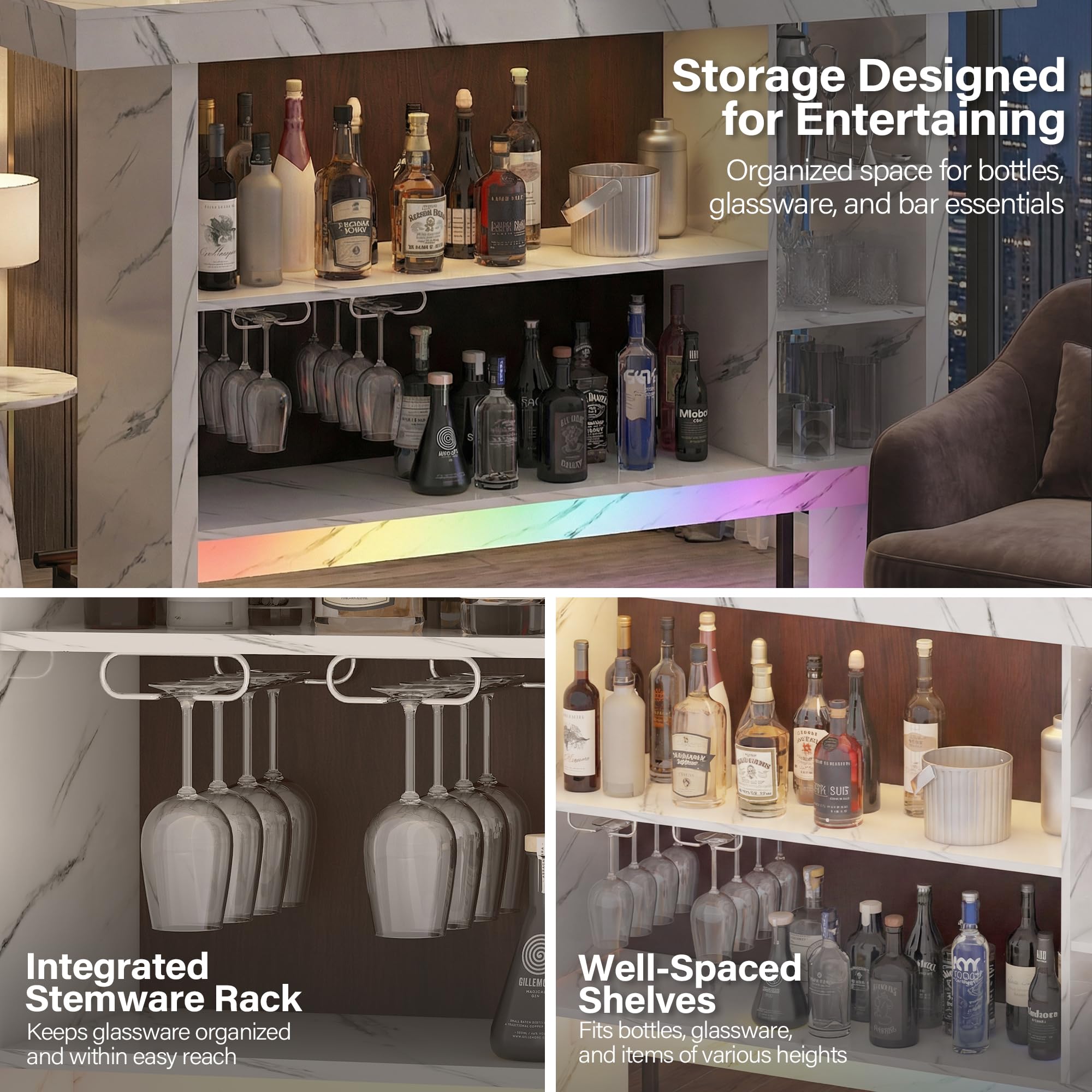 Marble-Style Bar Table with RGB LED Lighting & Storage