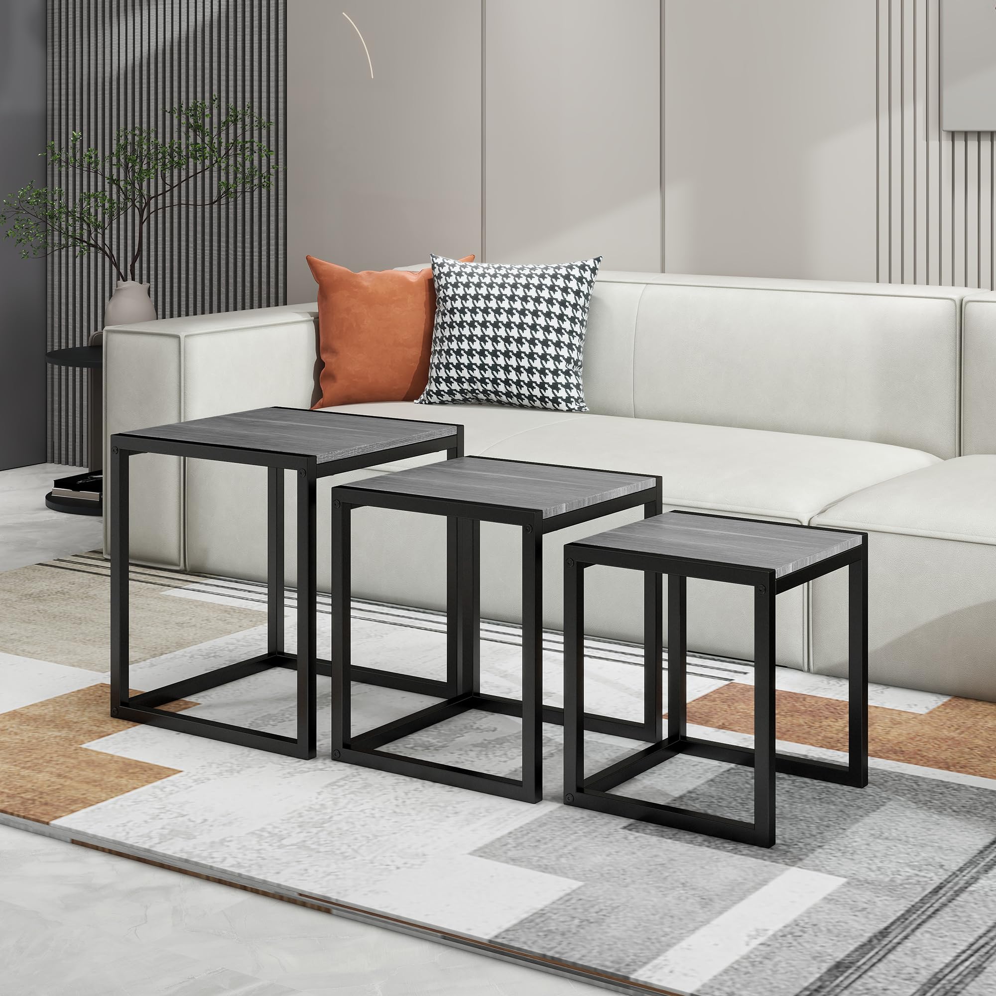 Nesting Side Table Set of 3 with Metal Frame