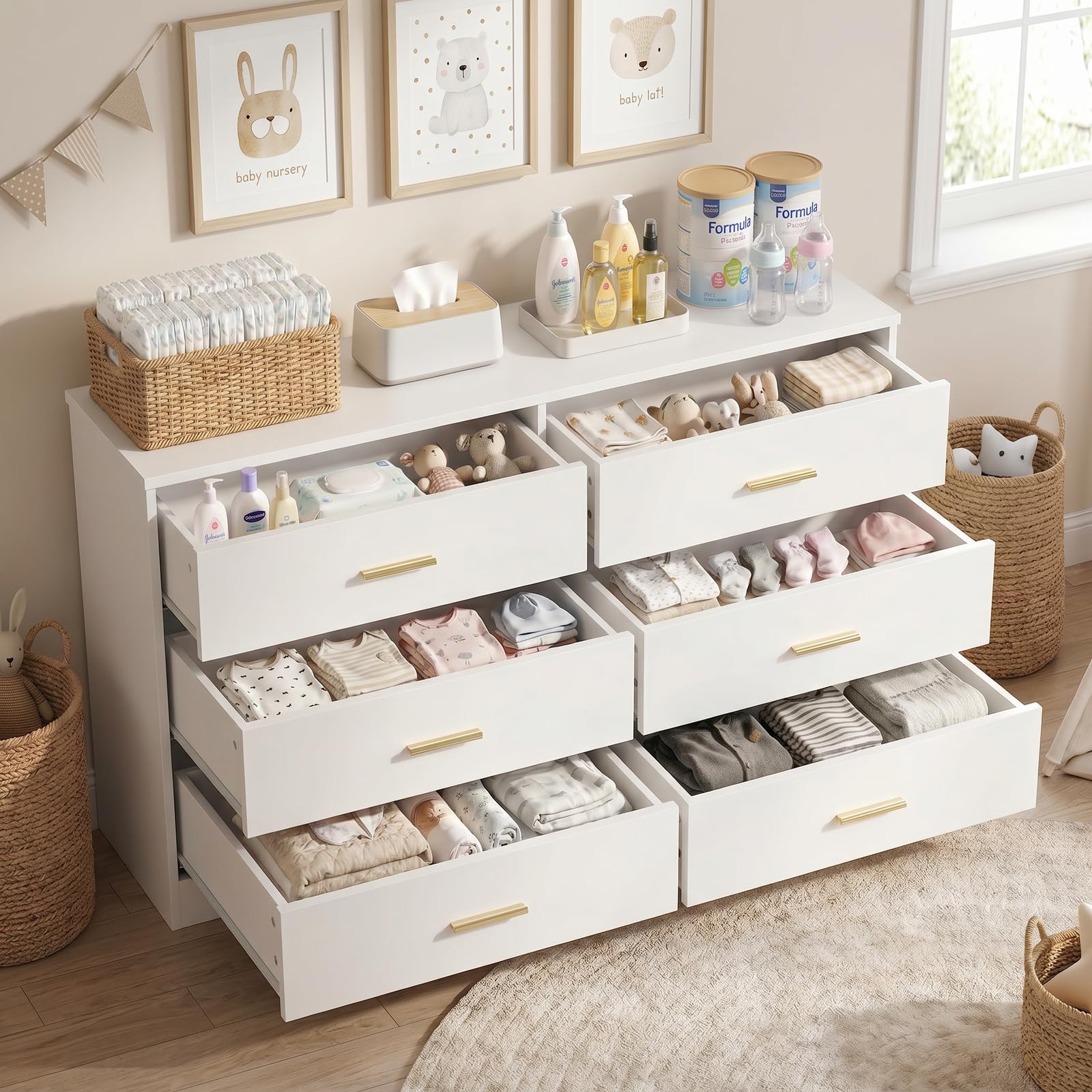 YMW 47" Modern White Dresser for Bedroom, 6-Drawer Wooden Chest of Drawers with Gold Handles,Wide Storage Cabinet for Living Room, Kid&Nursery Entryway