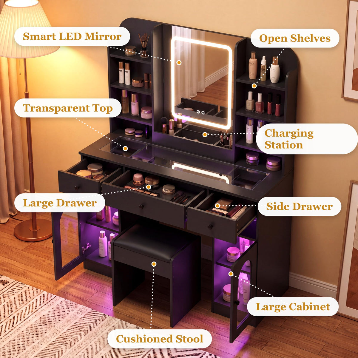 43" Vanity Desk with Mirror & Lights, Glass Top Makeup Vanity Set, Black