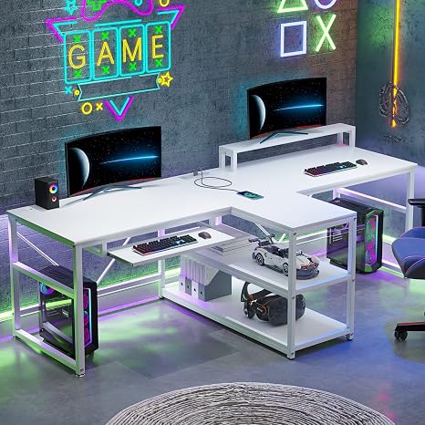 94.5" 2-Person Desk with LED Lights, Storage & Monitor Stand