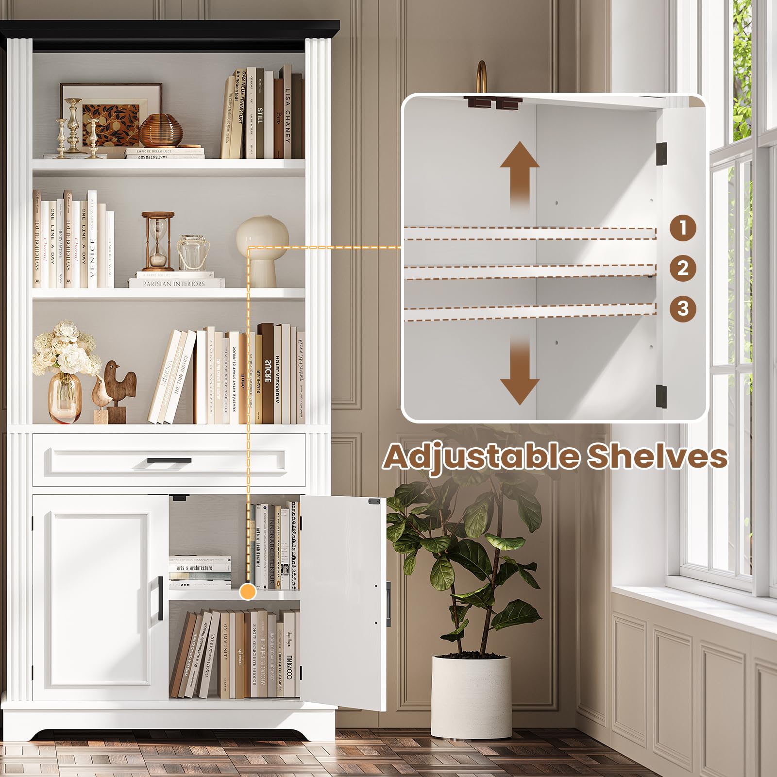 SEDETA Farmhouse Bookshelves and Bookcases with Doors and Drawer, Bookshelf with Storage, Floor Standing 6 Shelf Display Storage Shelves 70 in Tall Bookshelf for Home Office, Living Room, White