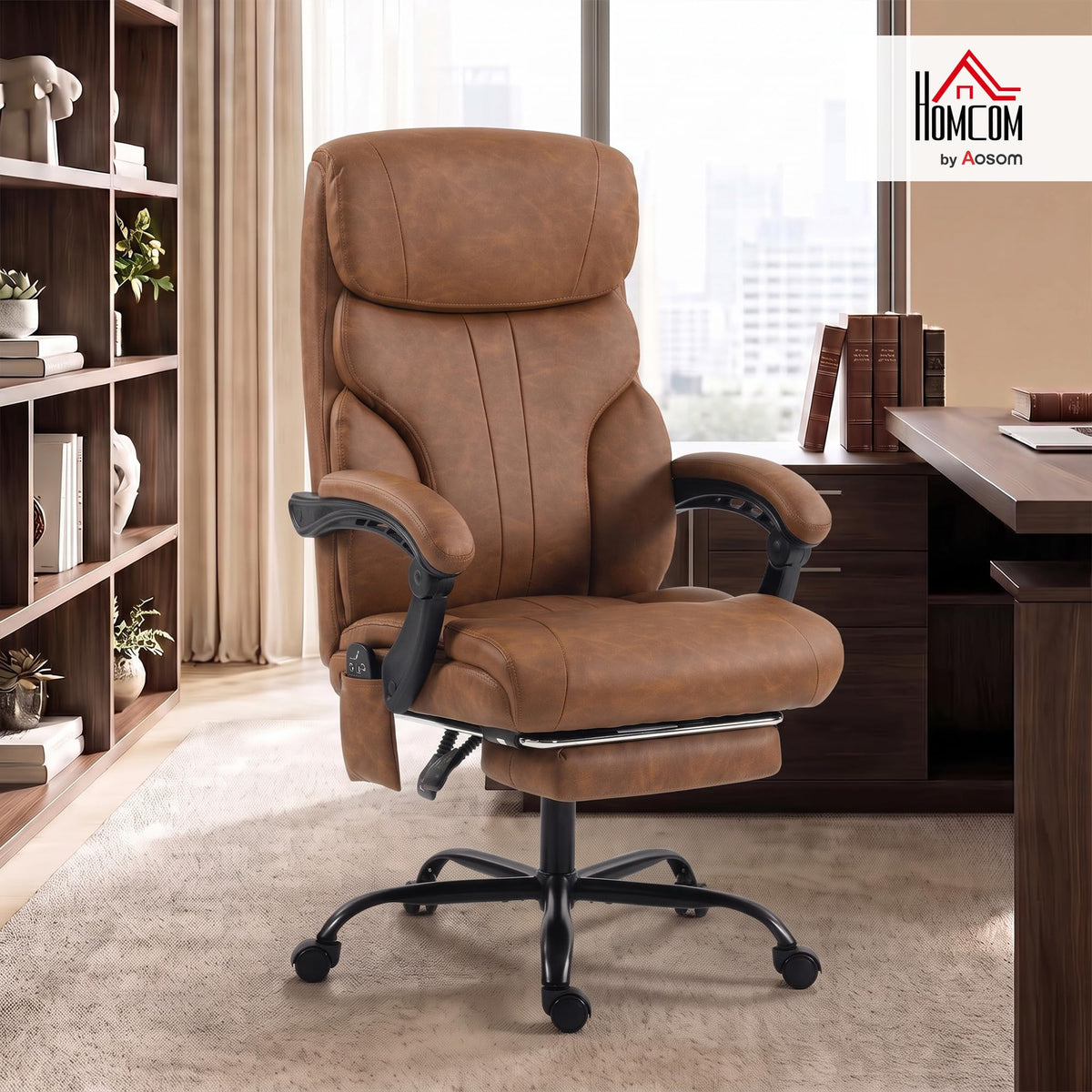 HOMCOM Massage Office Chair with Footrest, 6-Point Vibration, Heat, Brown