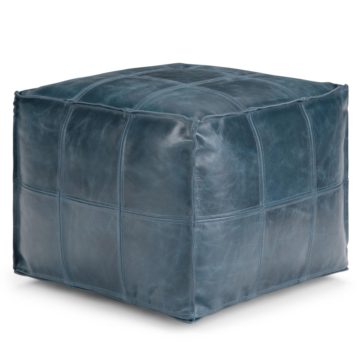 Teal Leather Square Pouf
