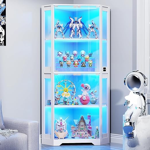 4-Tier Corner Glass Display Cabinet with LED Lights