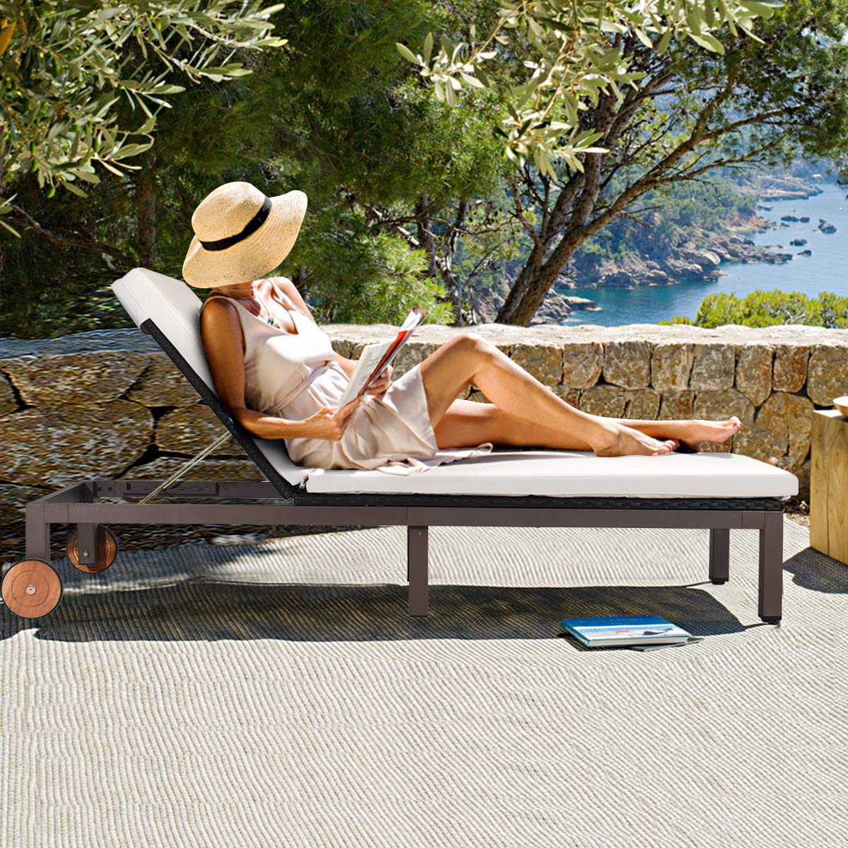 HAPPYGRILL Patio Chaise Lounge Chair Outdoor Rattan Lounger Recliner Chair Adjustable Position Folding Wicker Lounge Chair with Cushion & Wheels for Garden Patio Poolside