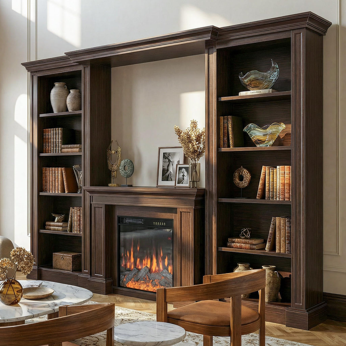 Homsee 112.6" Large Bookcase with 1500/750W Electric Fireplace Insert, Entertainment Center Wall Unit with Storage, 5-Tier Tall Display Cabinet Bookshelves and Bookcases for Living Room, Brown Grain