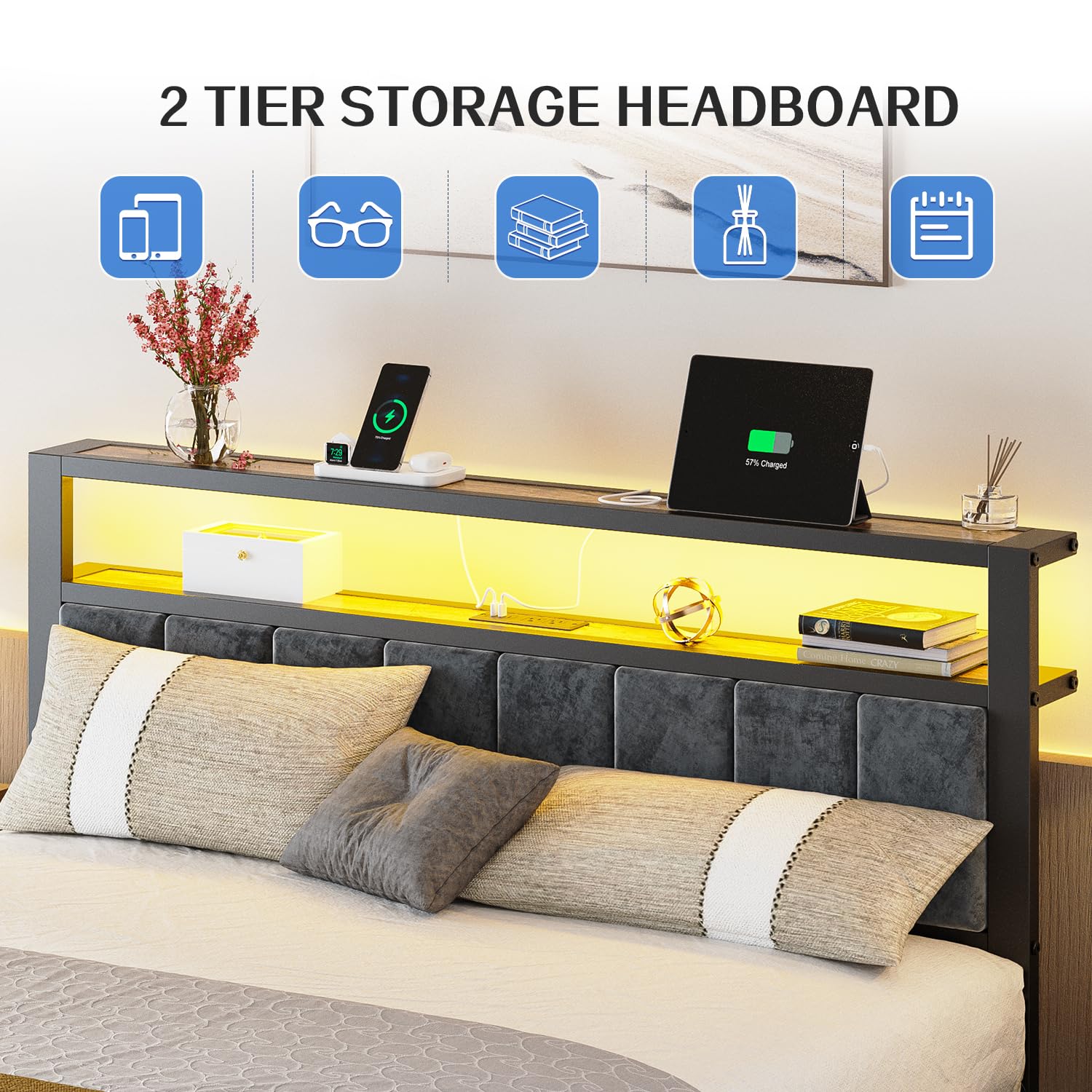 Liians Queen Size Bed Frame with 2-Tier Storage Shelves Headboard, Platform Bed with Charging Station, LED Lights No Box Spring Needed Noise Free