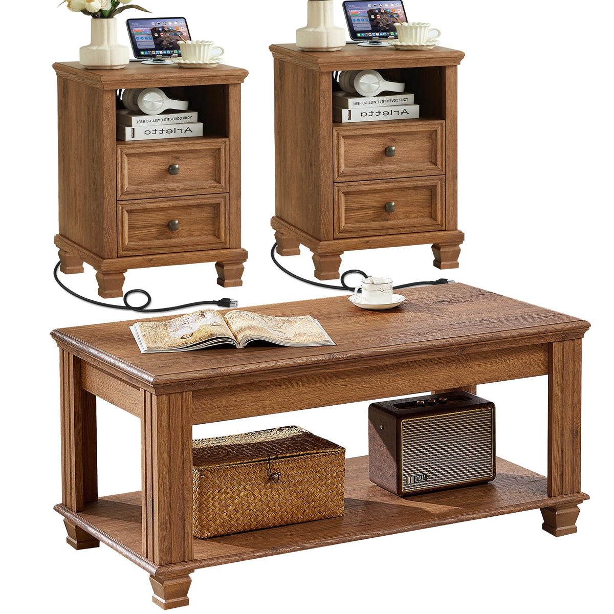 SAVOR LIFE Farmhouse Coffee and End Table Sets, Brown