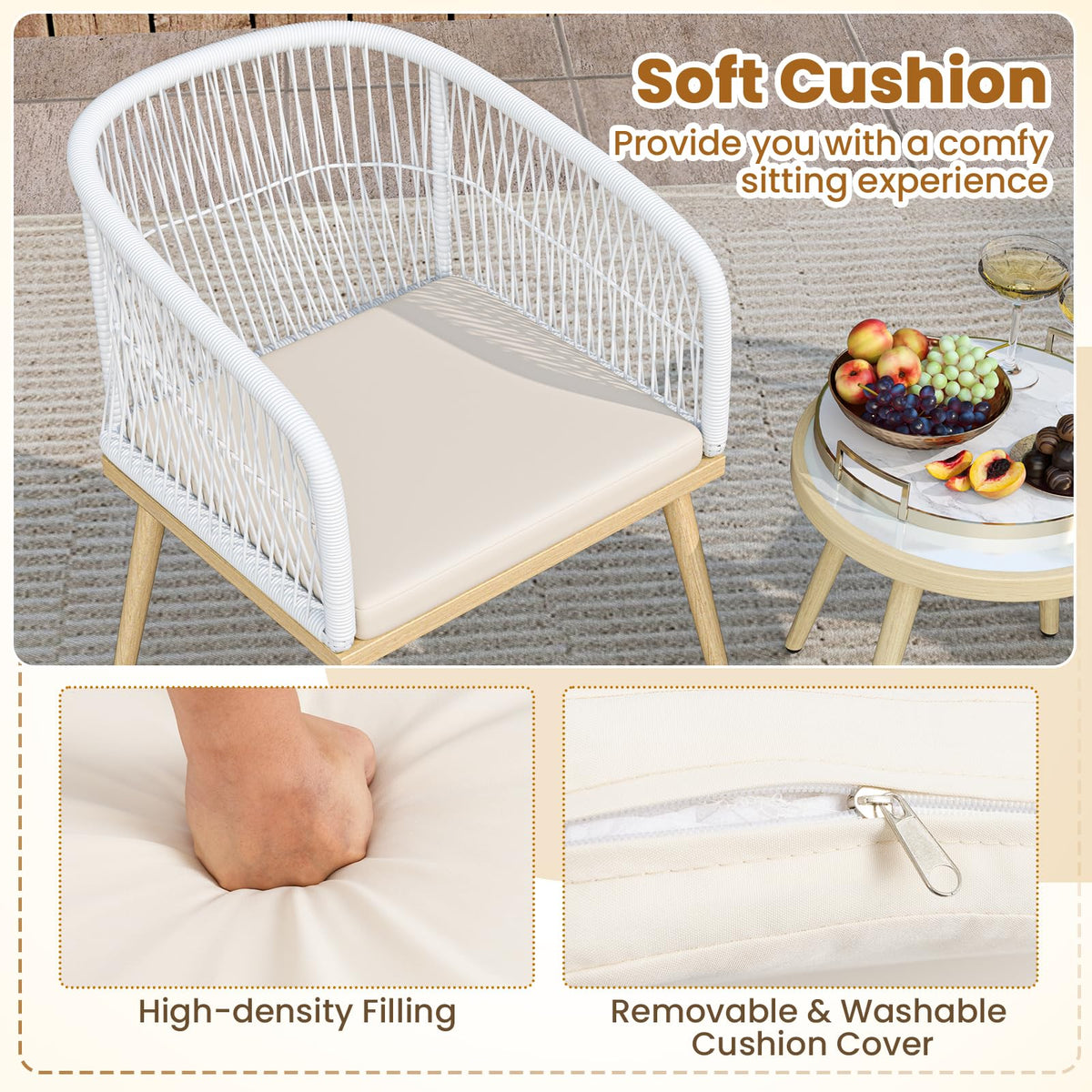 Tangkula 3 Pieces Patio Bistro Set, Outdoor PE Wicker Conversation Furniture Set with Cushions, Tempered Glass Coffee Table and Galvanized Metal Frame, Outdoor Rattan Chair Set for Porch, Balcony
