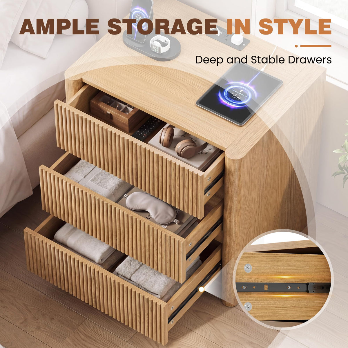 Apicizon 23.6'' Wide Fluted Nightstand with Charging Station, Natural