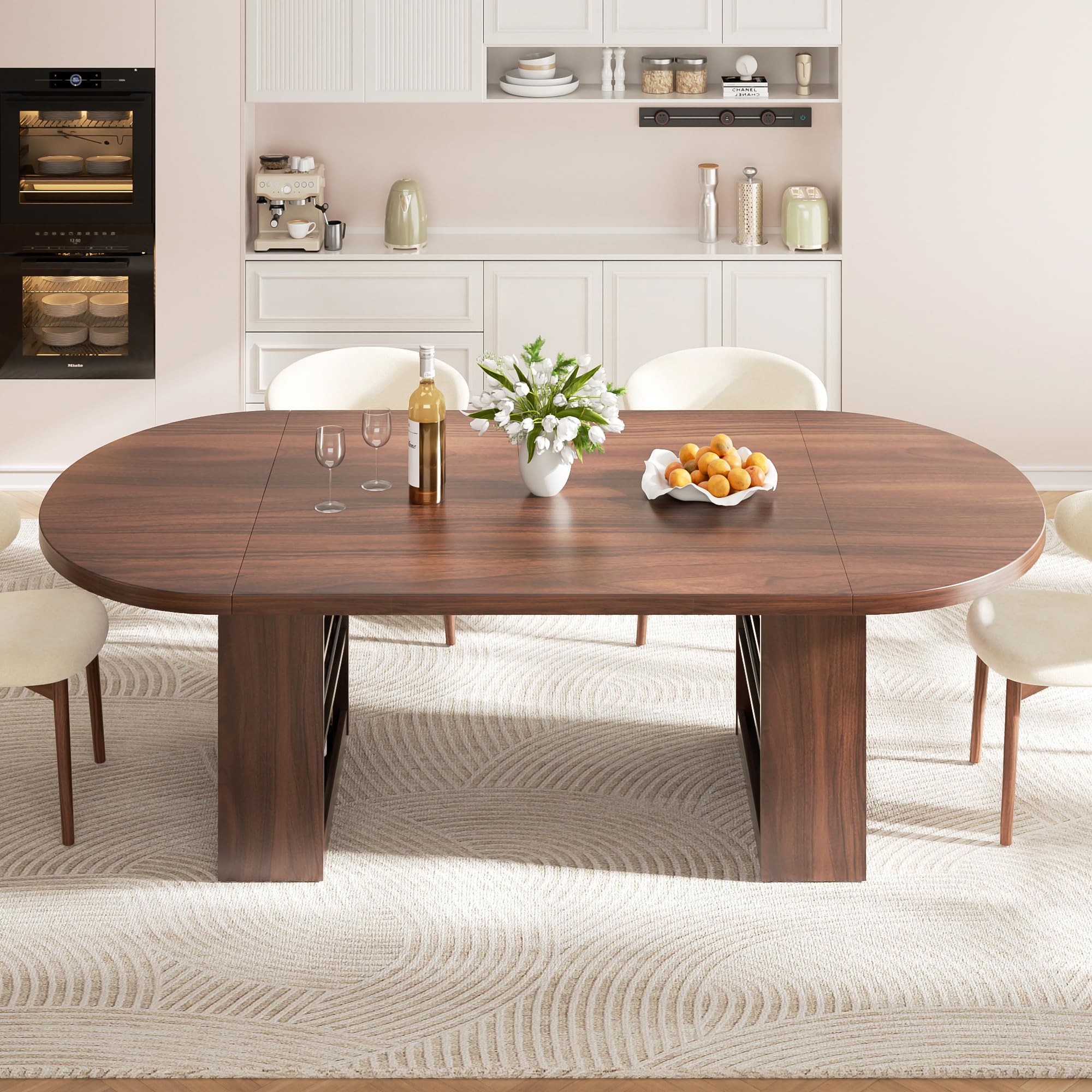 Jocoevol 78.7" Dining Table for 6-10 People, Oval Dining Room Table with 3-Tier Storage Shelf, Modern Wood Kitchen Tables with Heavy Duty Pedestal Base for Home, Dining Room, Walnut