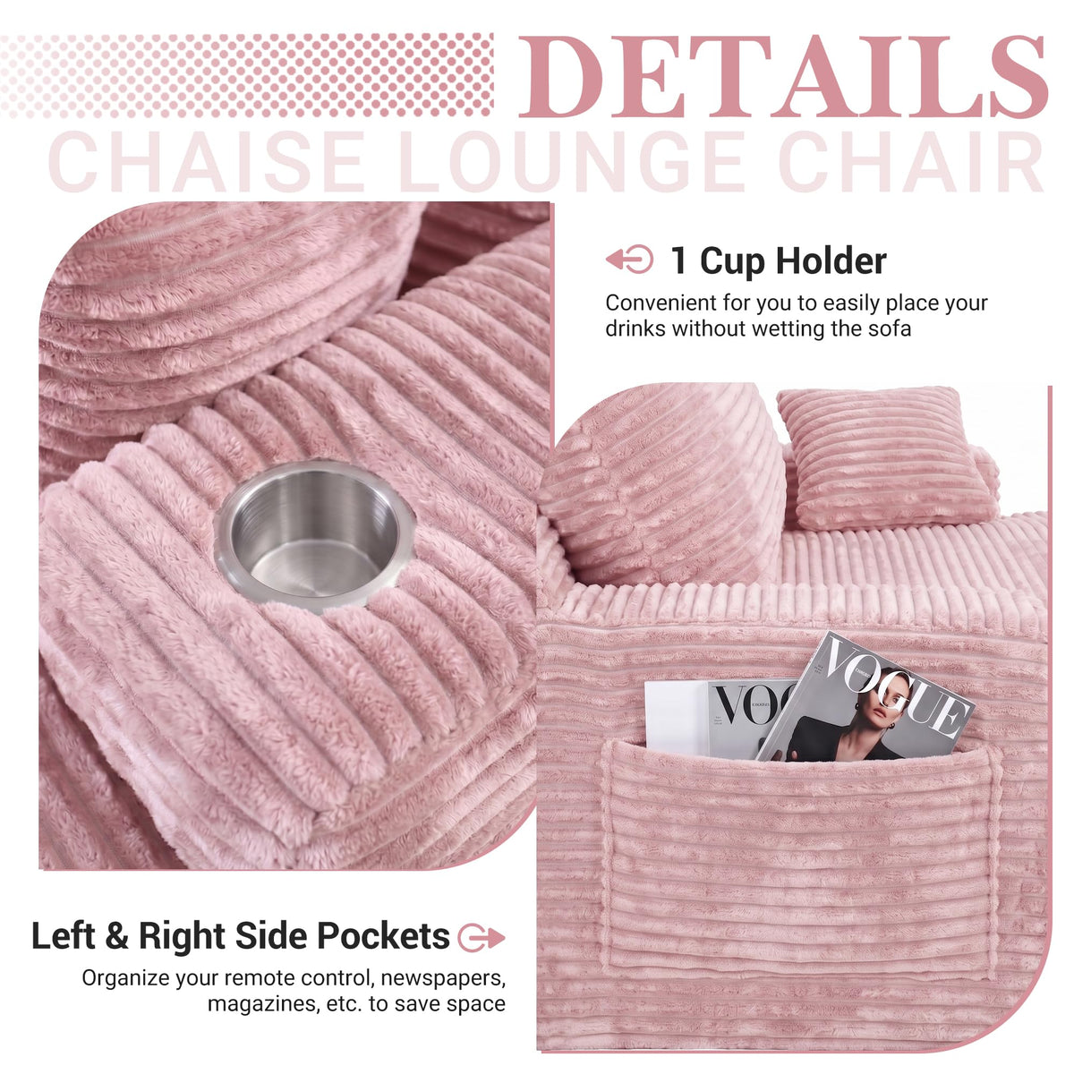 Oversized Chaise Lounge Chair Indoor, Upholstered Boneless Sofa Bed, Corduroy Deep Seat Sleeper Couch Reading Chairs with 1 Cup Holder, 2 Side Pockets & 3 Pillows, No Assembly (Pink, Oversized)