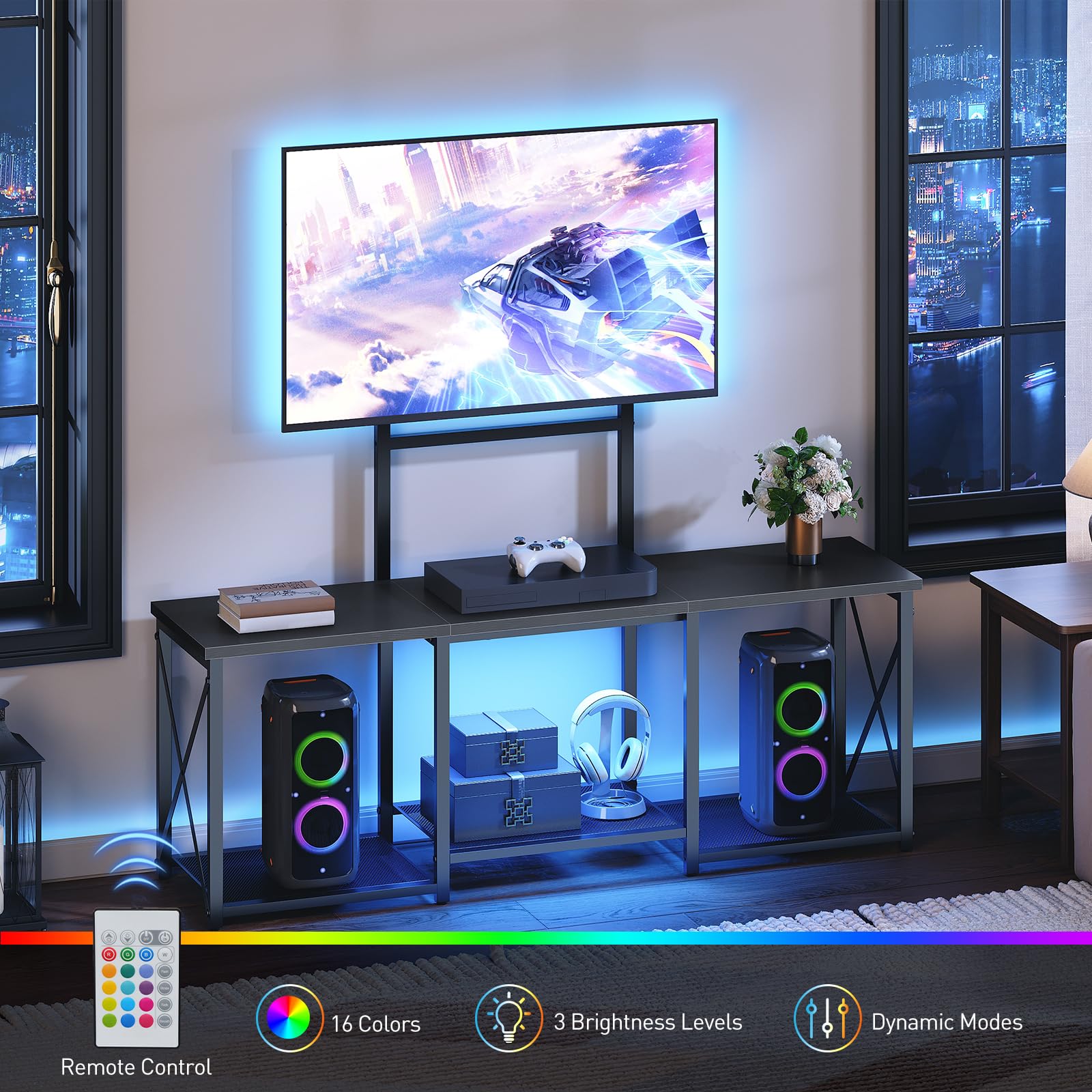 HOOBRO LED TV Stand with Mount, Entertainment Center with Open Shelves for 50 Inch TV, TV Console Table for Living Room, Bedroom, Black BB126DDS01