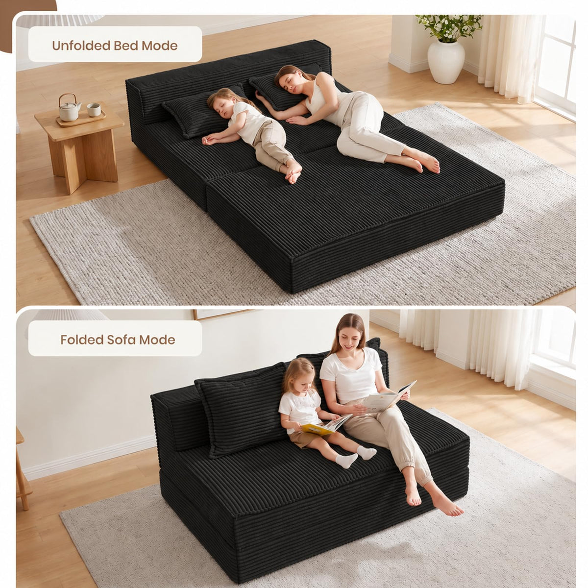 AOLVDOW Convertible Sofa Bed, Boneless Couch Loveseat Sleeper Chair Bed with 2 Pillows,Corduroy Floor Futon Folding Sofa Bed for Living Room Bedroom Guest Room (Black, Loveseat)