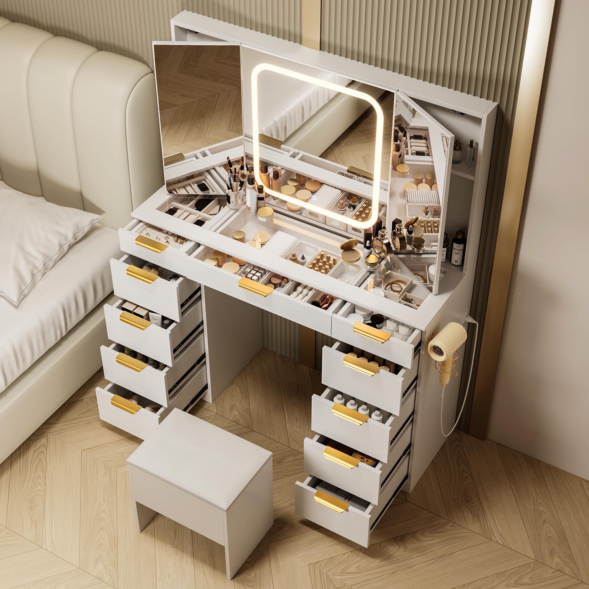 Pamapic 11 Drawers Vanity Desk with Foldable Mirror, Glass Top Makeup Vanity with LED Lights, 3 Lighting Modes, Golden Handles Dressing Table with Chair and Power Outlet