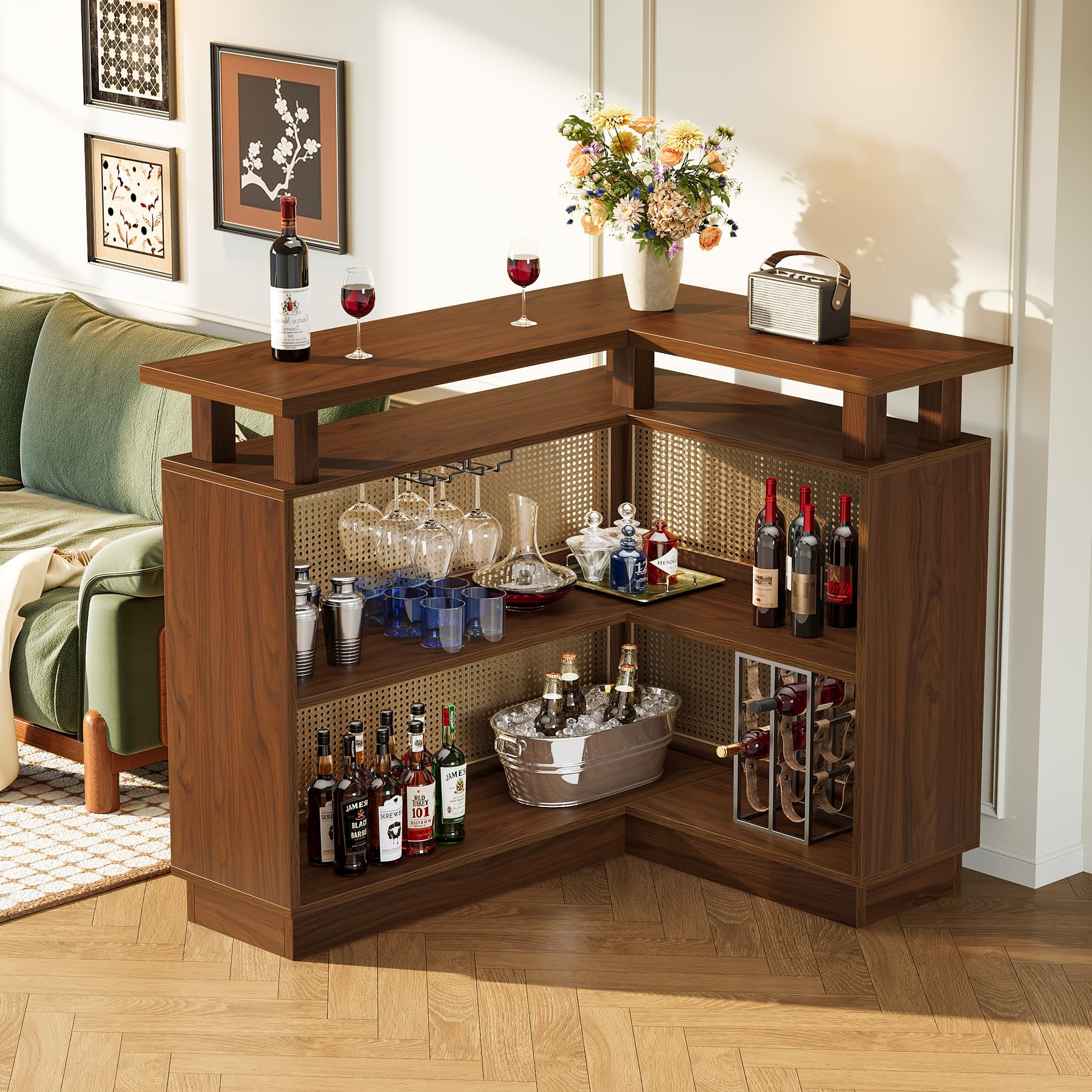 Tribesigns L Shaped Bar Table with 4-Tier Storage Shelf, Rattan Home Bar Unit with 2 Stemware Racks and Heightened Base, Corner Mini Coffee Liquor Cabinet for Home/Kitchen/Pub, Brown